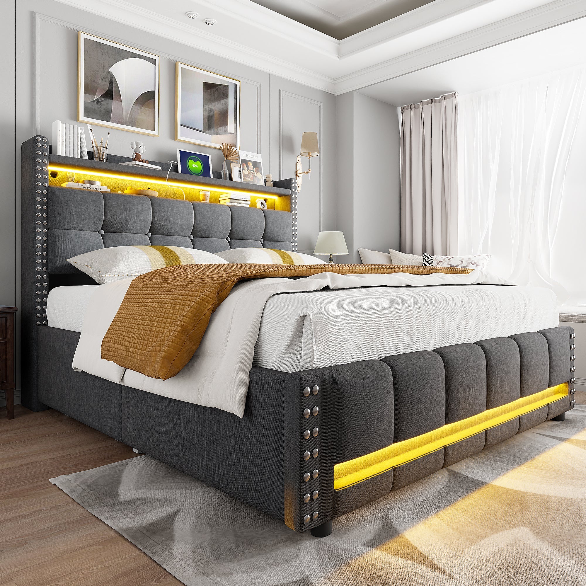 Logidon gestoffeerd bed 140x200 grijs met LED verlichting USB