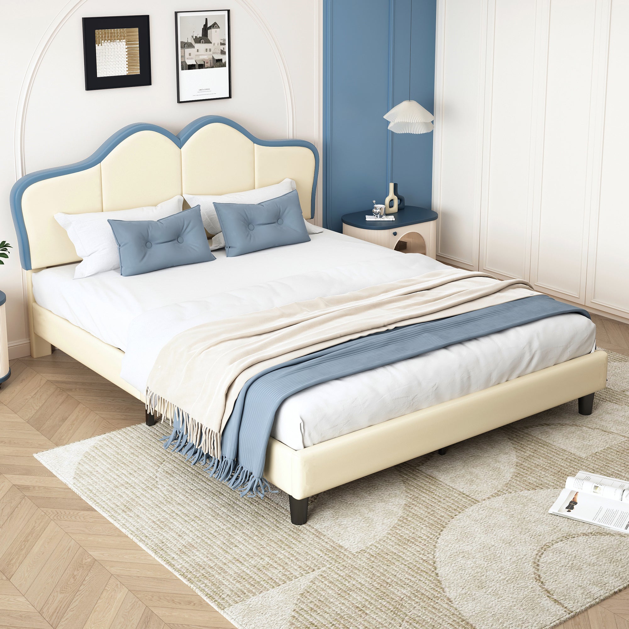 Logidon gestoffeerd bed 140x200 wit blauw met zachte beschermranden