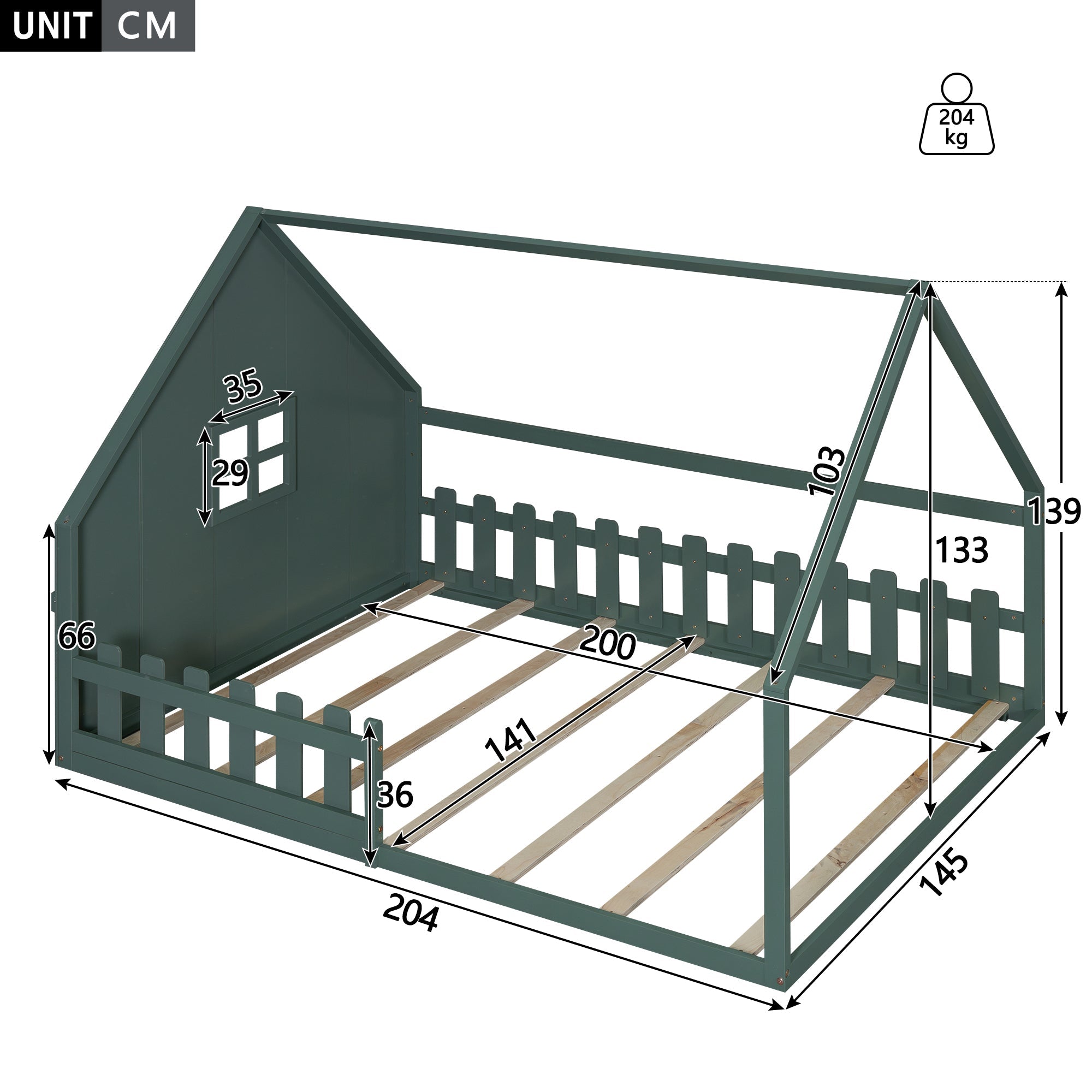 Logidon vlakbed groen 140x200 cm met huisrail en railing