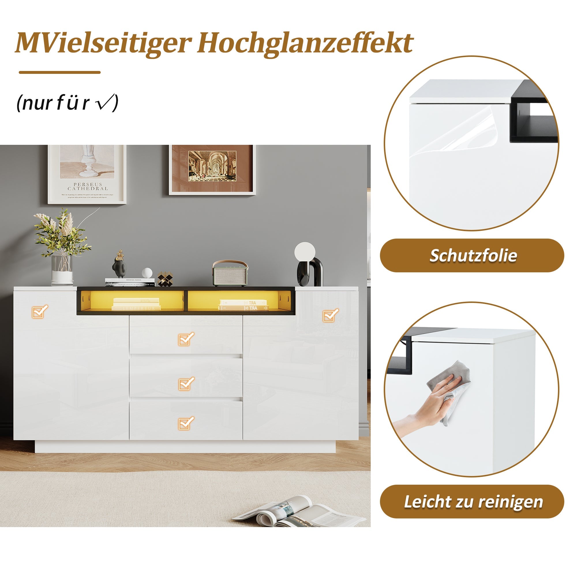 Logidon wit hoogglans dressoir 140 cm met LED, 2 deuren, 3 lades