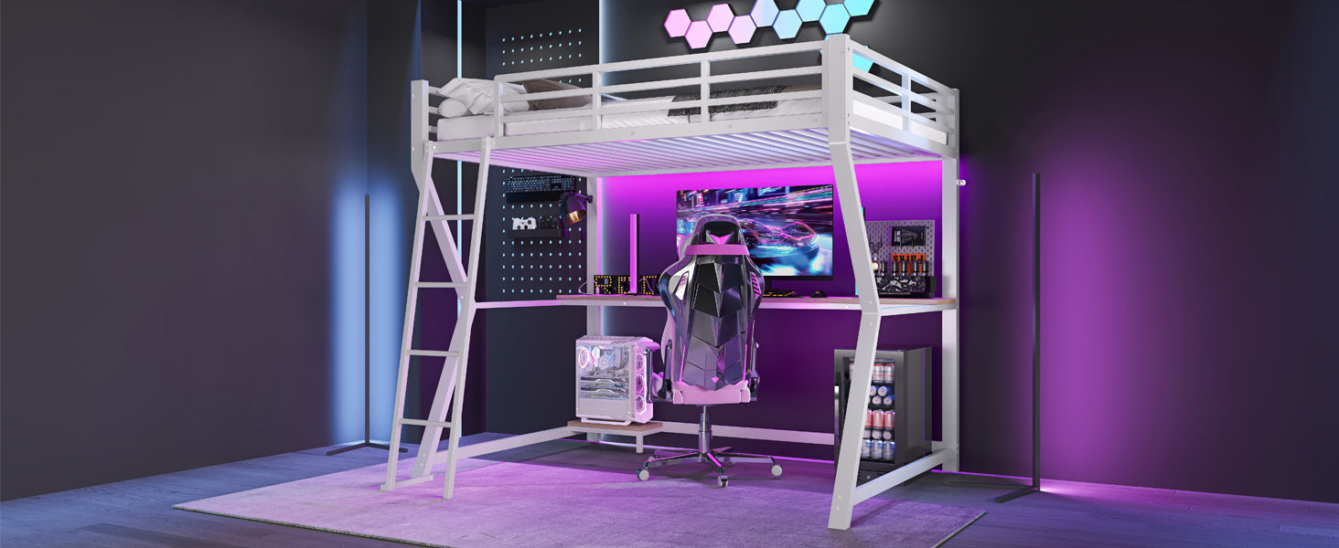 Logidon loft bed 90x200 with LED lighting and computer console white