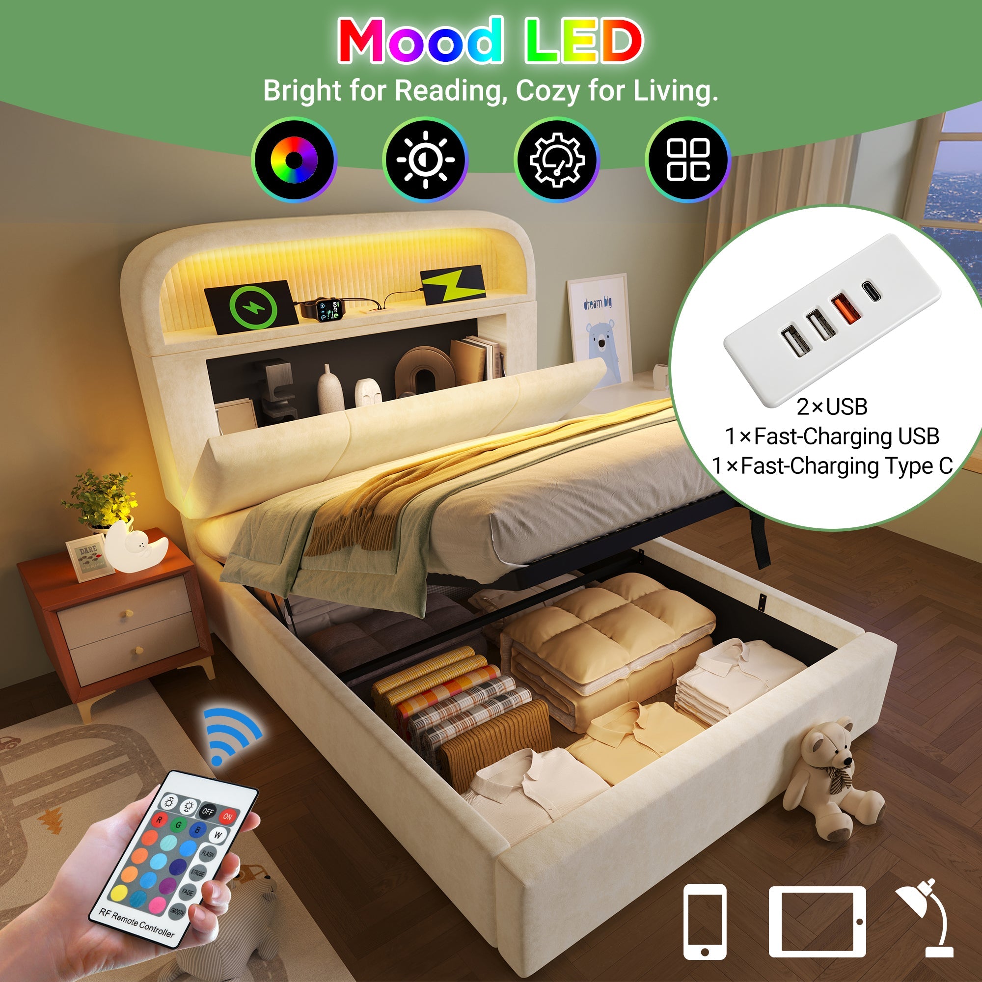 Logidon gestoffeerd bed 90x200 cm beige fluweel met opbergruimte hoofdbord, LED