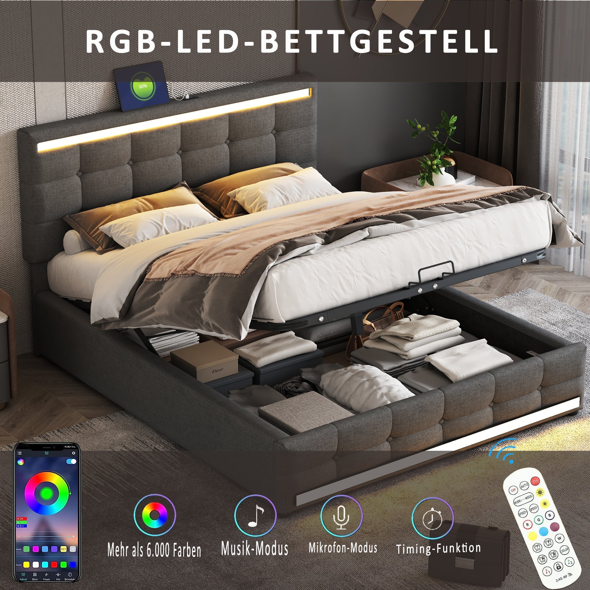Logidon gestoffeerd bed 140x200 LED, opbergruimte, USB, grijs