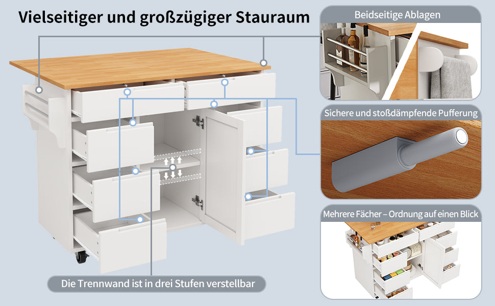 Logidon Modern Keukeneiland Uitschuifbare Keukentrolley Wit 8 Laden