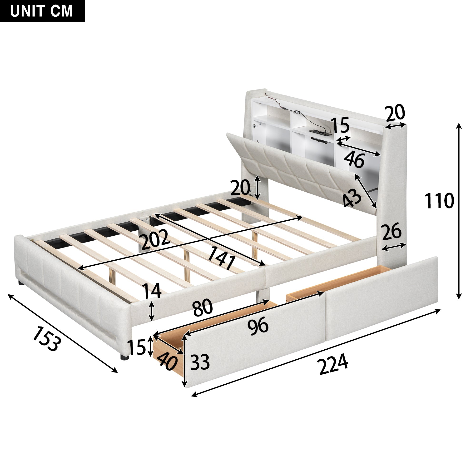 Logidon gestoffeerd bed 140x200 beige met LED-licht en app afstandsbediening
