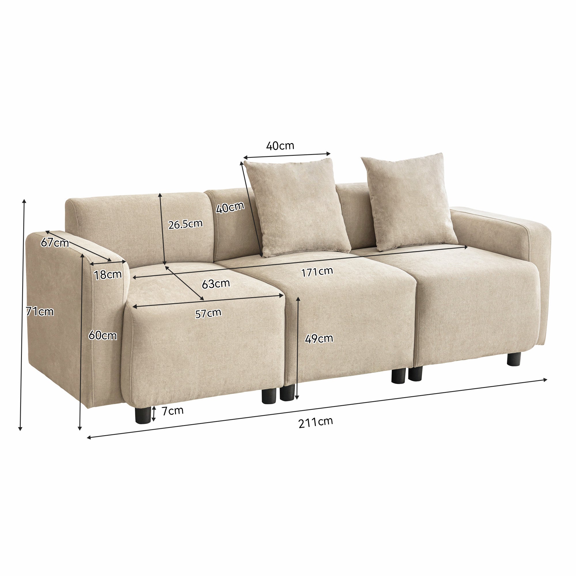 Logidon gewone bank beige chenille 3-zits woonkamerbank