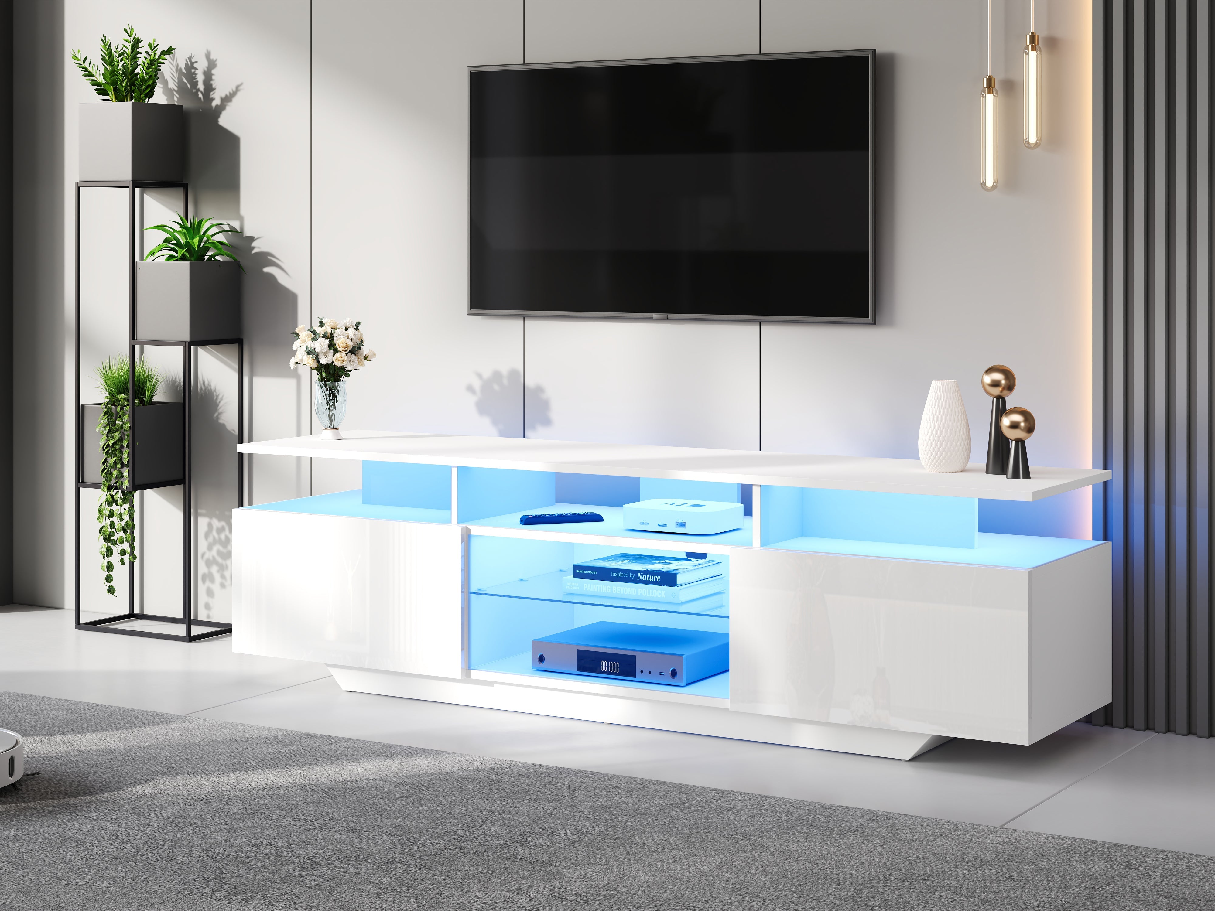 Logidon TV-meubel hoogglans wit 160 x 40 x 45 cm met LED lichtstrip glasplanken