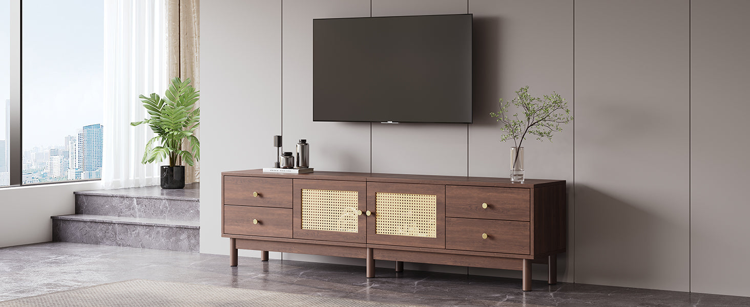 Logidon TV cabinet 180 cm dark wood look rattan doors cable management