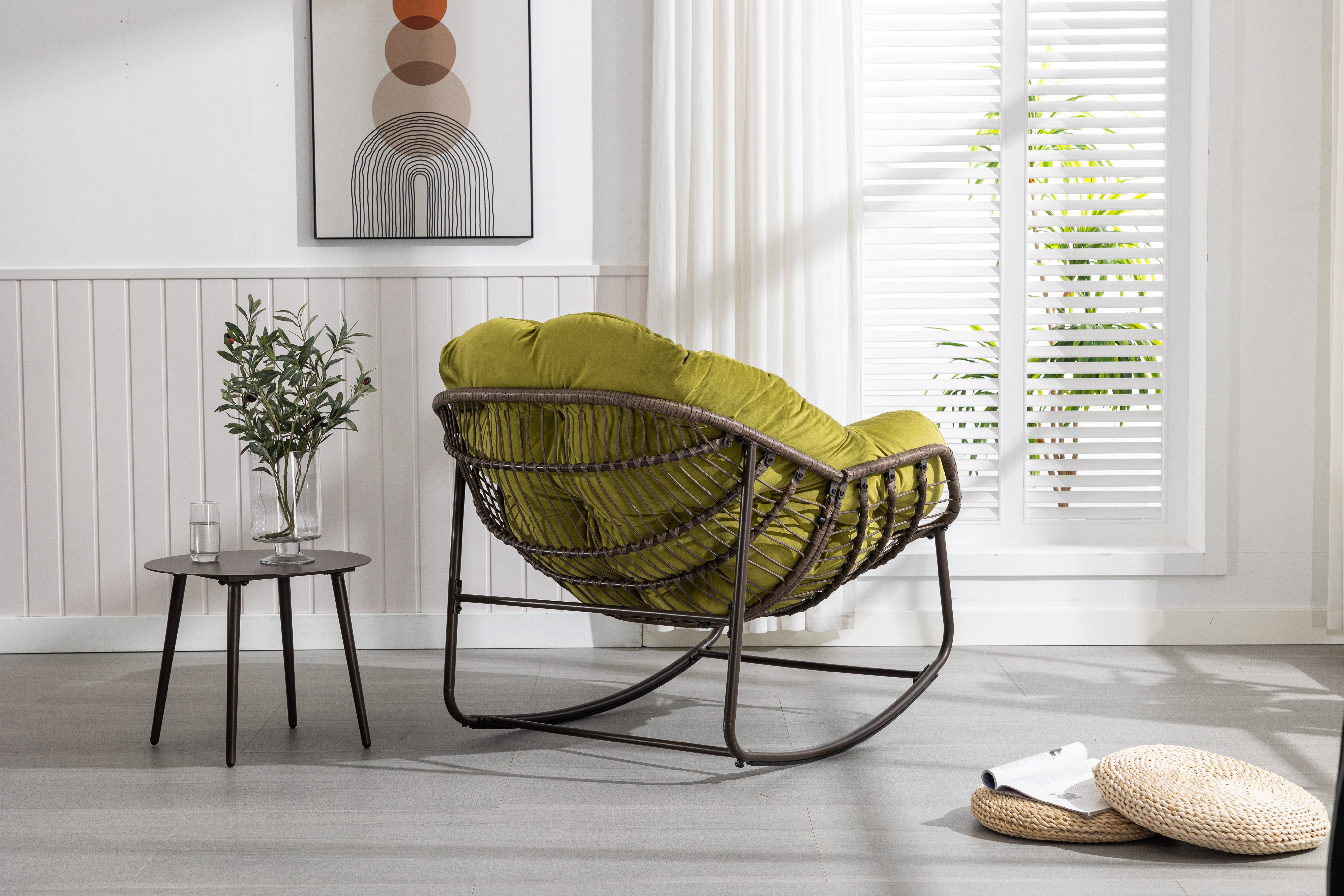 Logidon Outdoor Rotan Schommelstoel Olijfgroen Met Gewatteerd Kussen