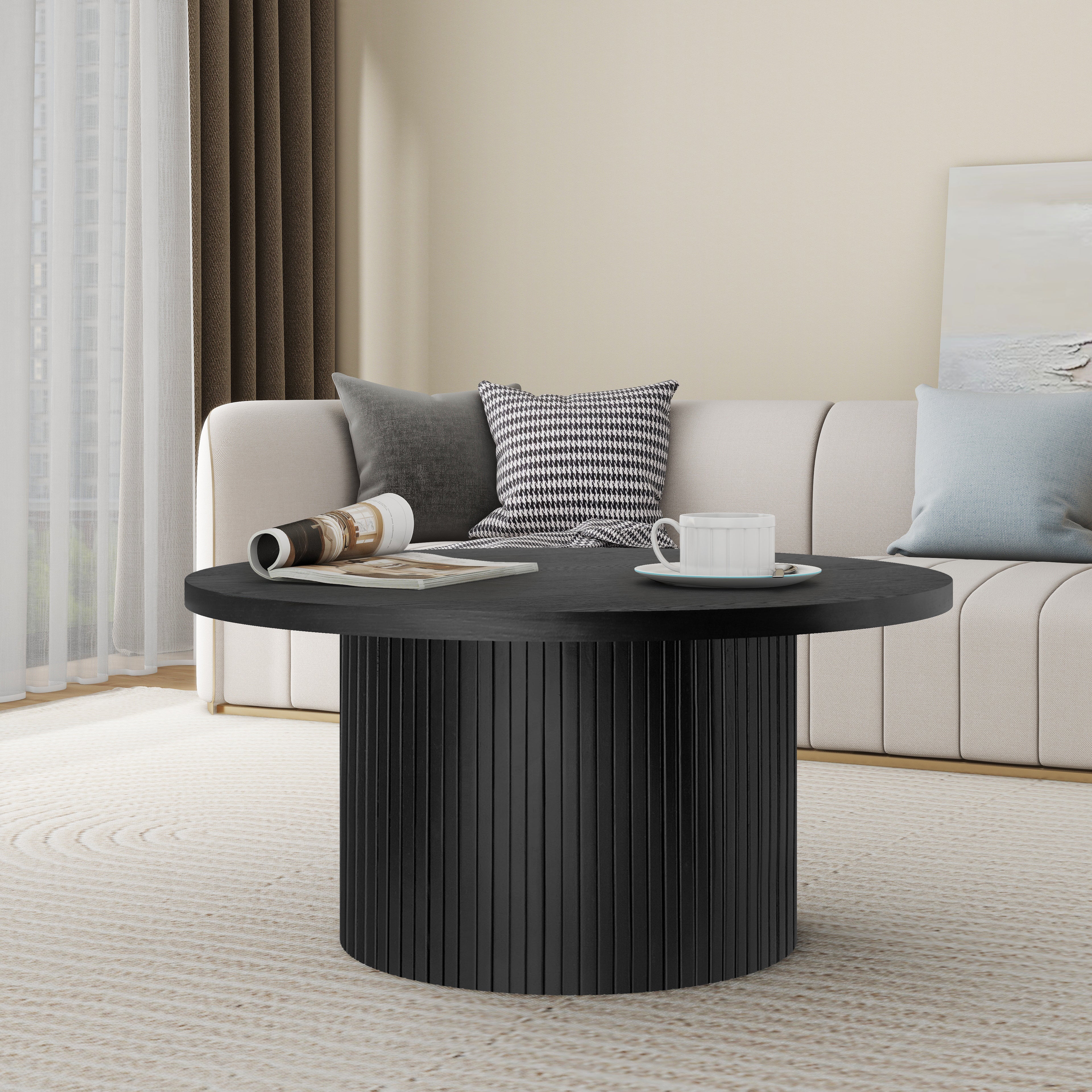 Logidon Ronde massief houten salontafel Zwart 90x90 cm Eiken MDF