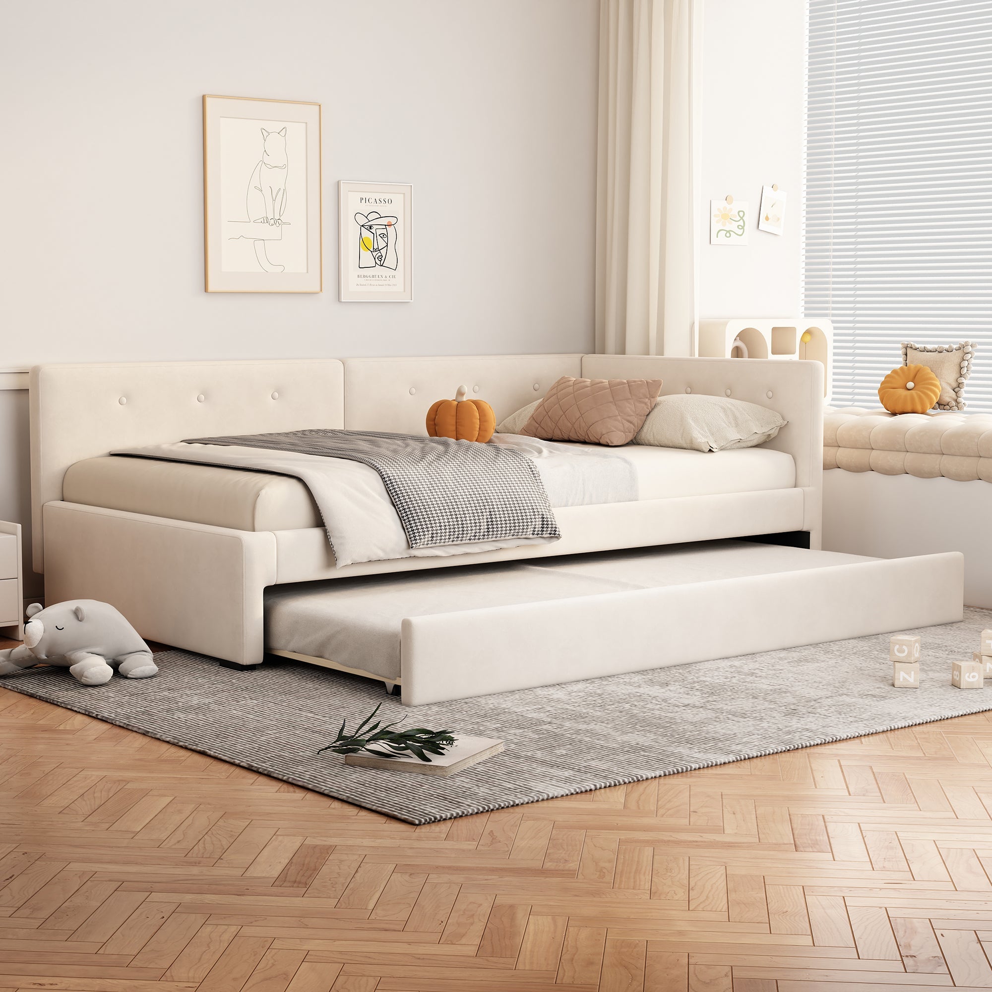 Logidon gestoffeerd bed 90x200 cm beige met lattenbodem en hoofdbord
