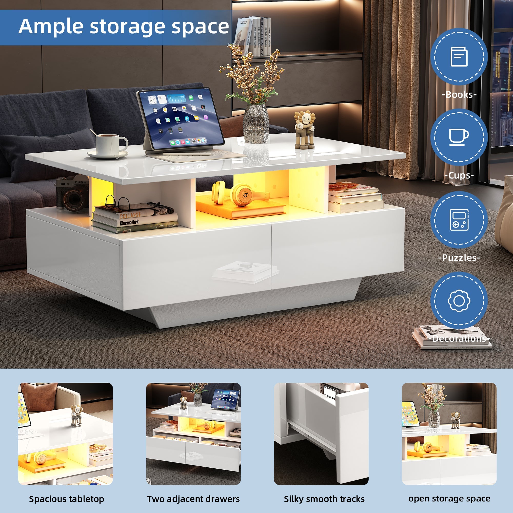 Logidon hoogglans salontafel LED, 2 lades, 90x55x41 cm wit