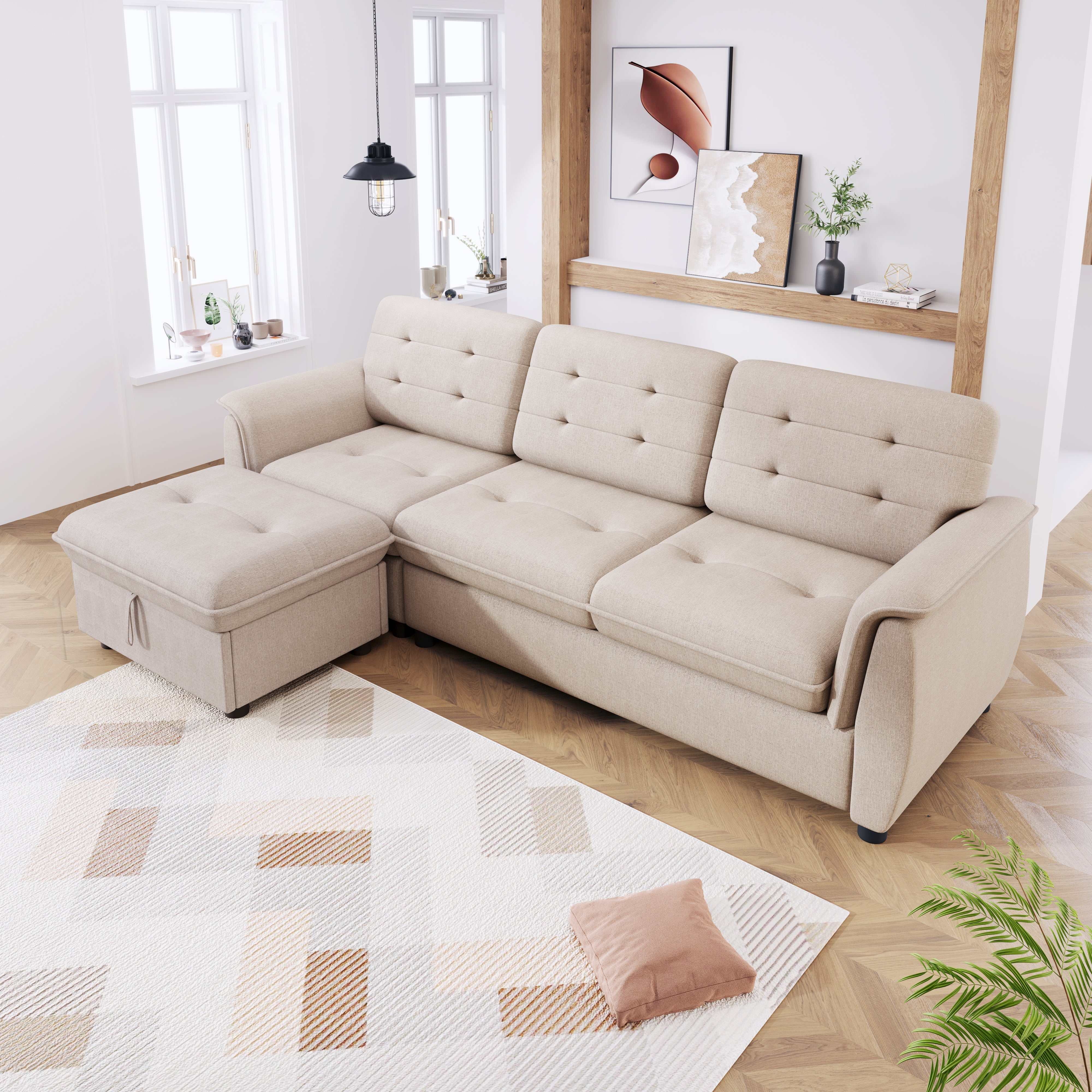 Logidon Corner Sofa L-Shape With Ottoman Storage Beige