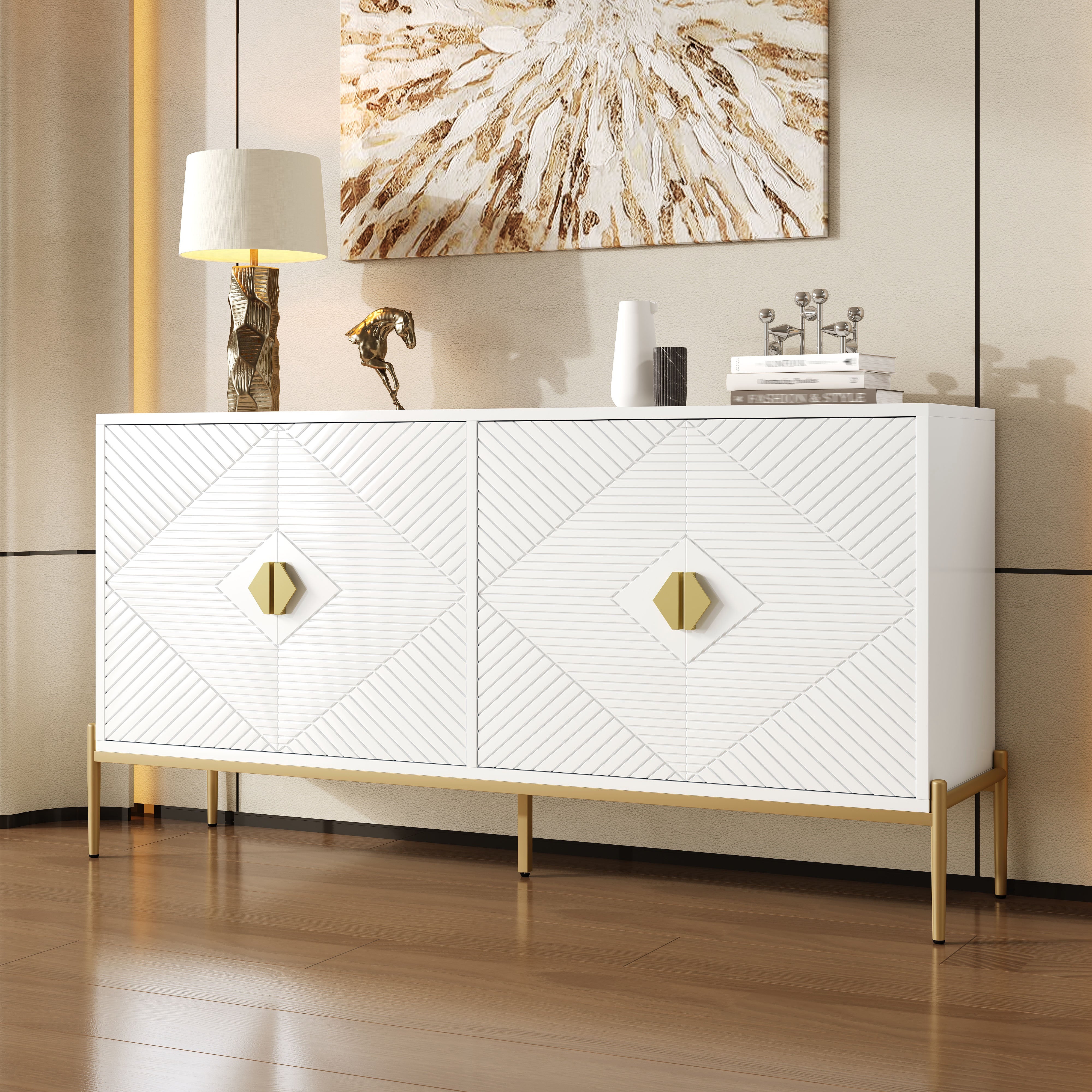 Logidon Modern dressoir wit met gouden details, 4 deuren, 162x40x80