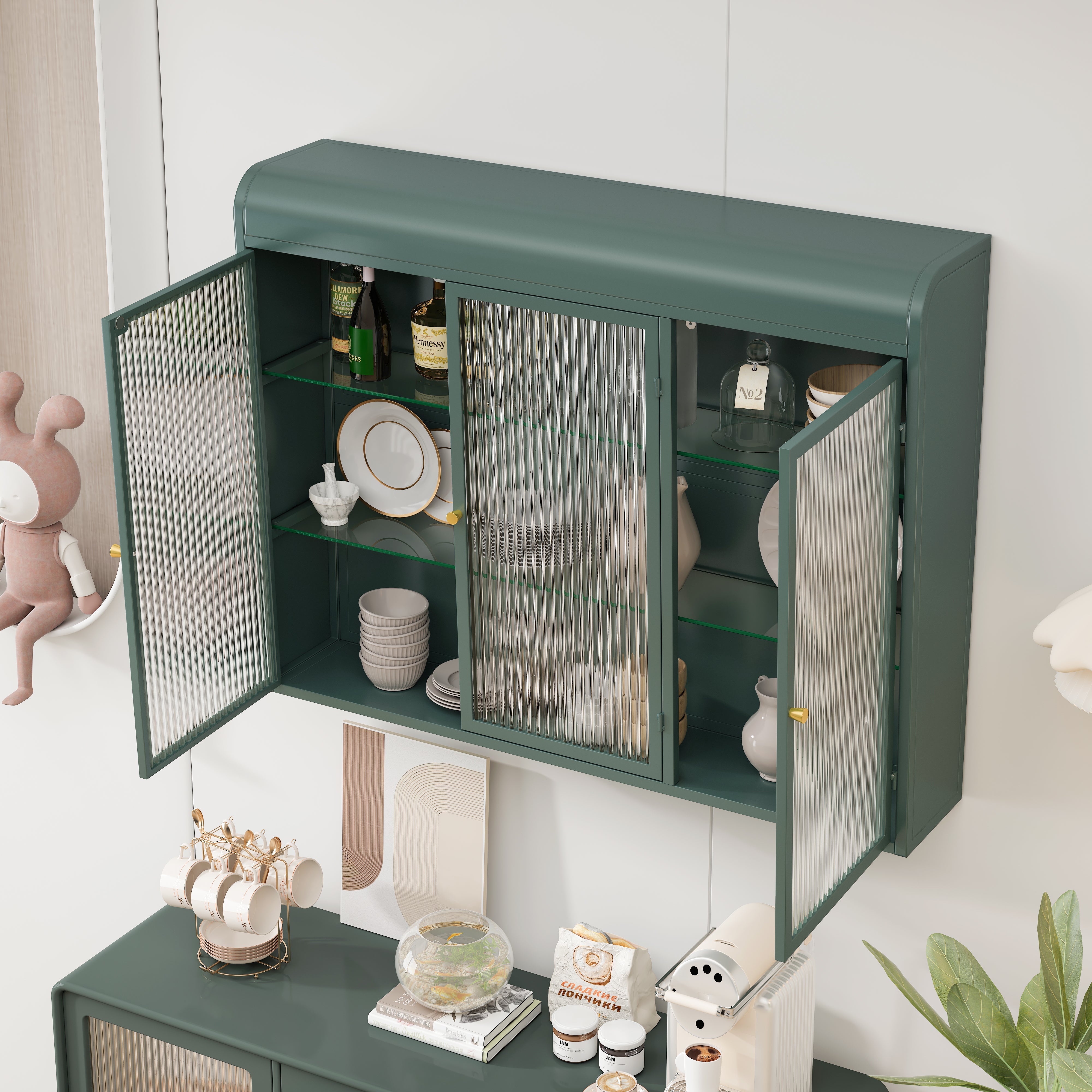 Logidon driedeurs gebogen glazen wandvitrine donkergroen