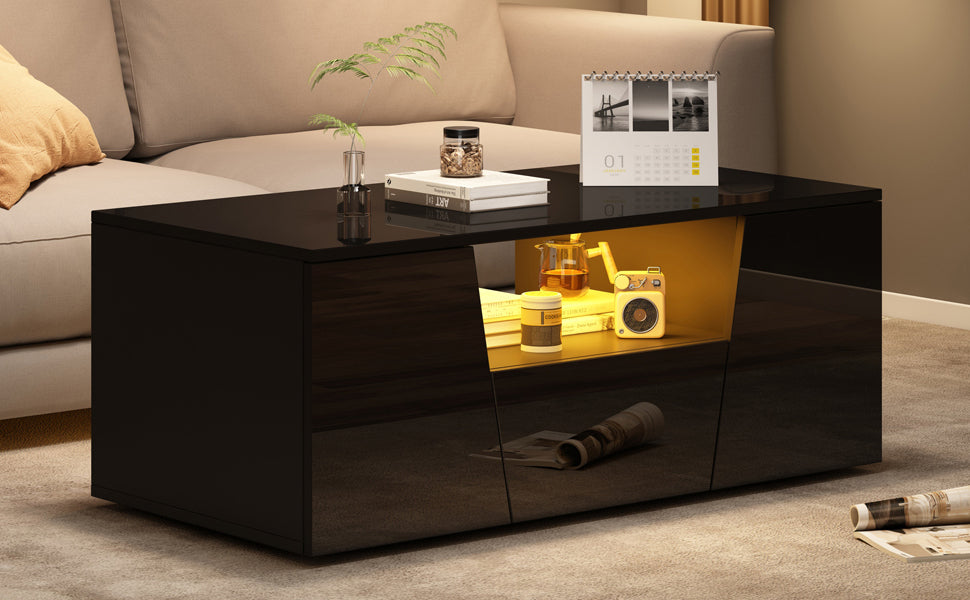 Logidon coffee table 100x50x40 cm black with LED 2 cabinets 1 drawer