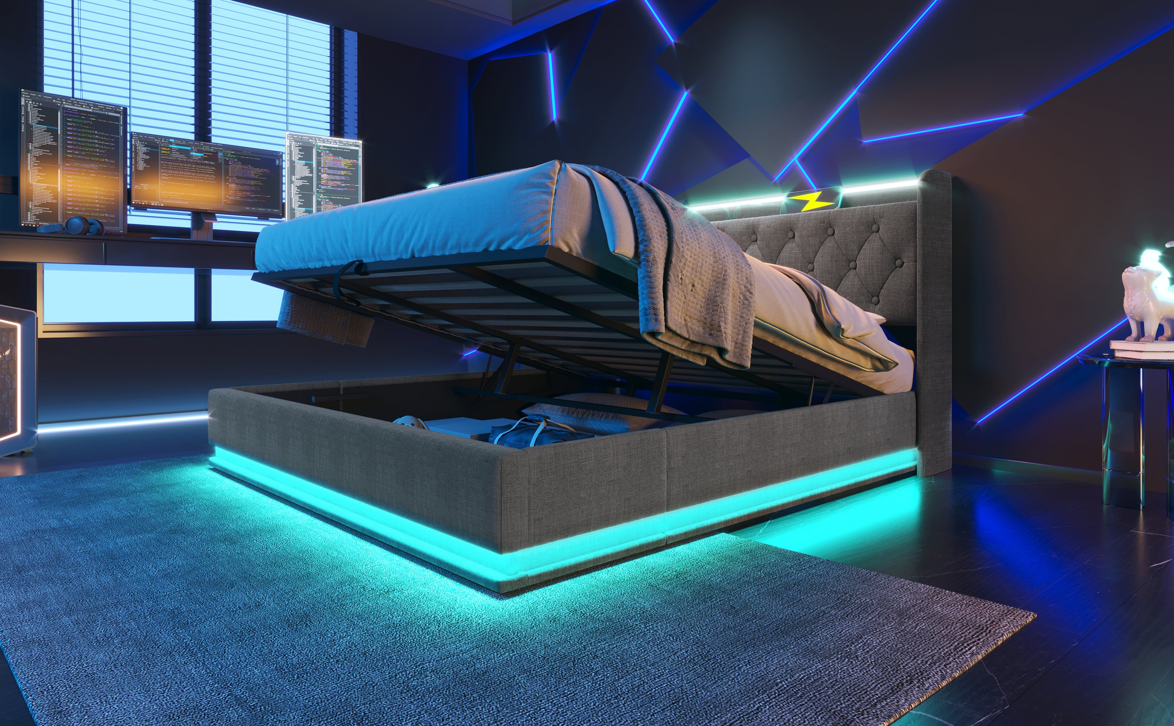 Logidon gestoffeerd bed tweepersoonsbed 180x200 cm grijs linnen LED-verlichting USB C
