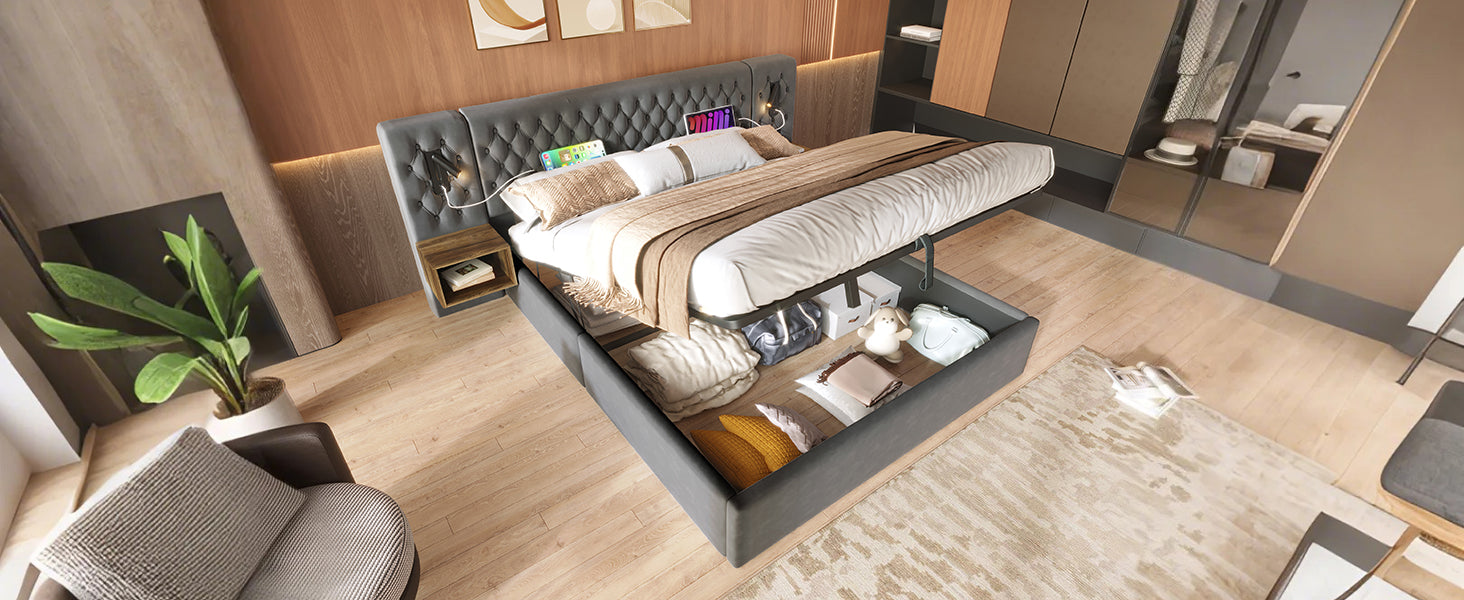 Logidon bed system hydraulic storage bed 160x200 cm gray velvet