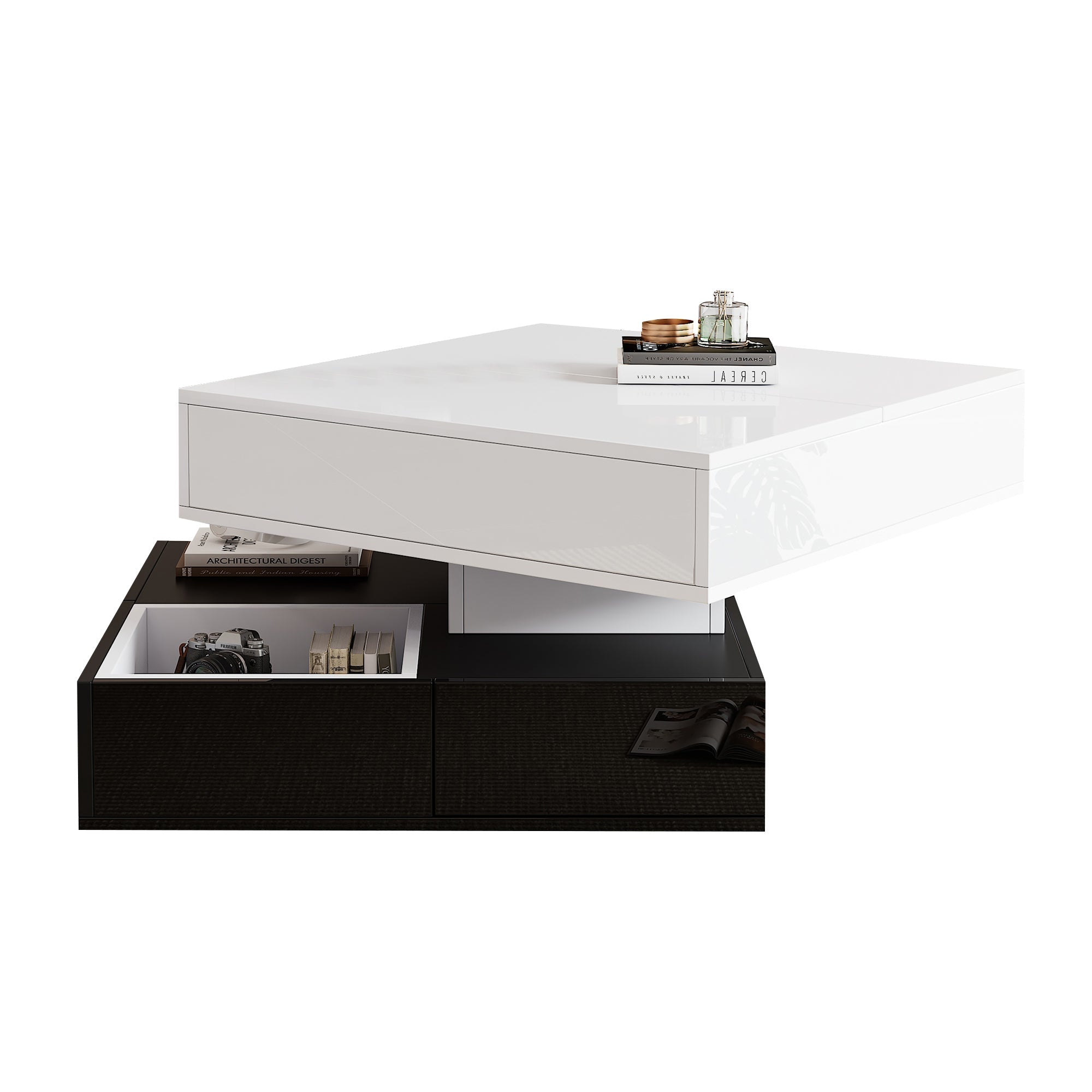 Logidon salontafel 70x70 hefblad 360 graden draaibaar 3 lades wit