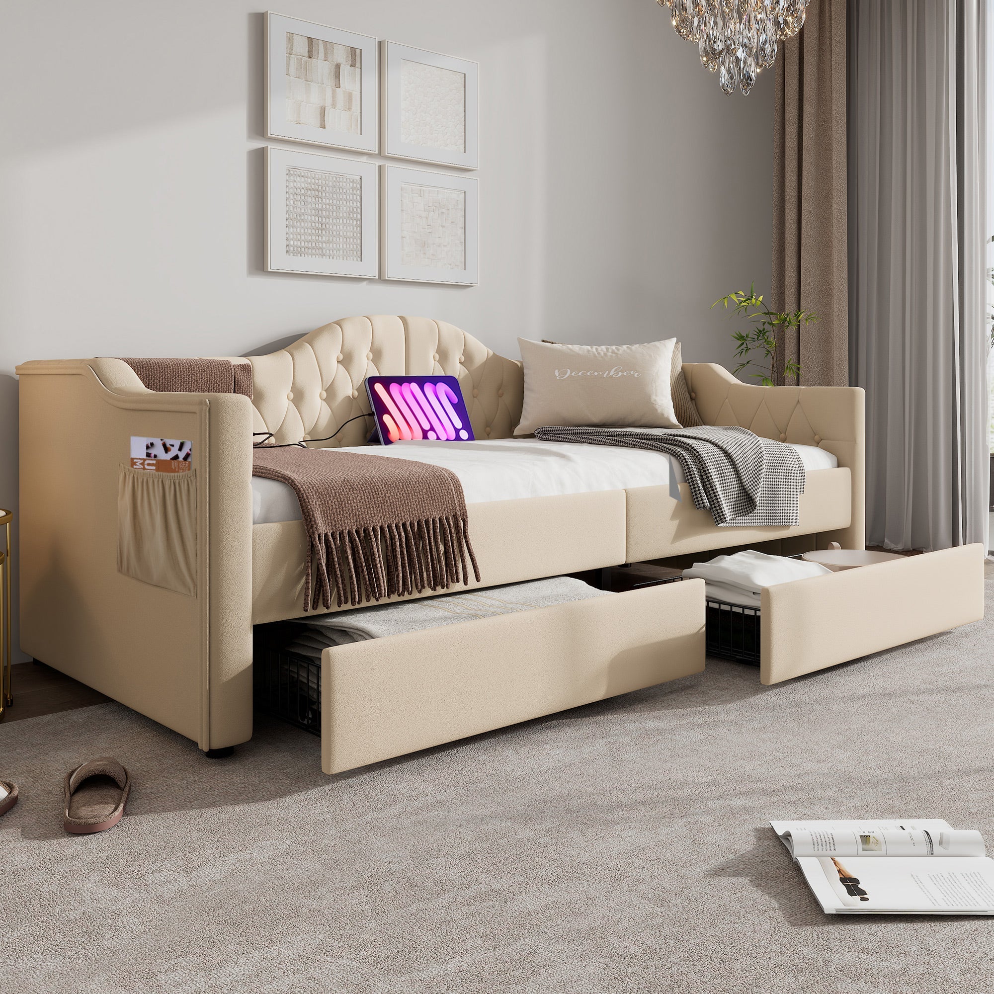 Logidon gestoffeerde slaapbank 90x200 beige USB-oplaadfunctie 2 compartimenten