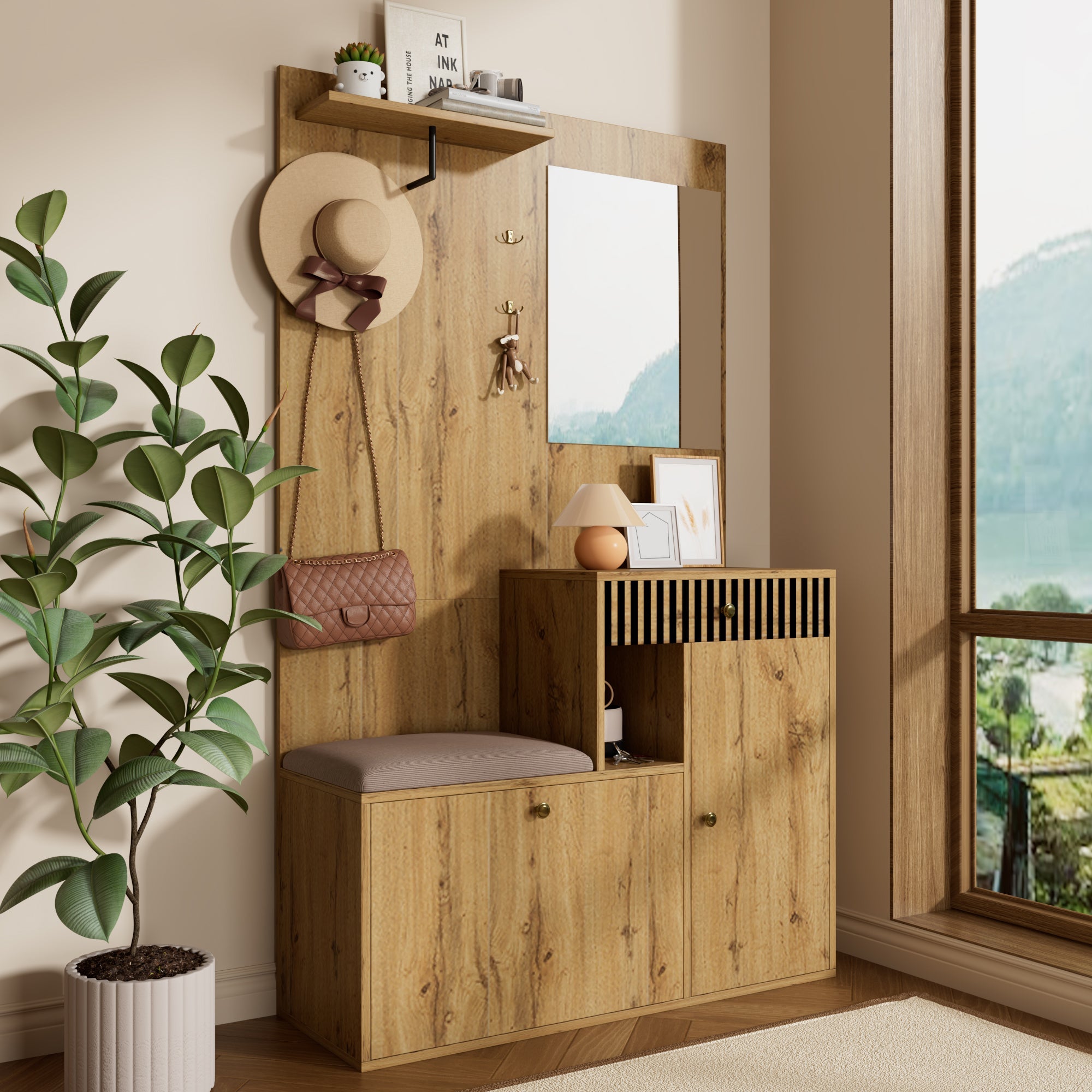 Logidon kledingkastset compacte kledingkast 110x185,5x37 cm natuurlijke MDF spiegel