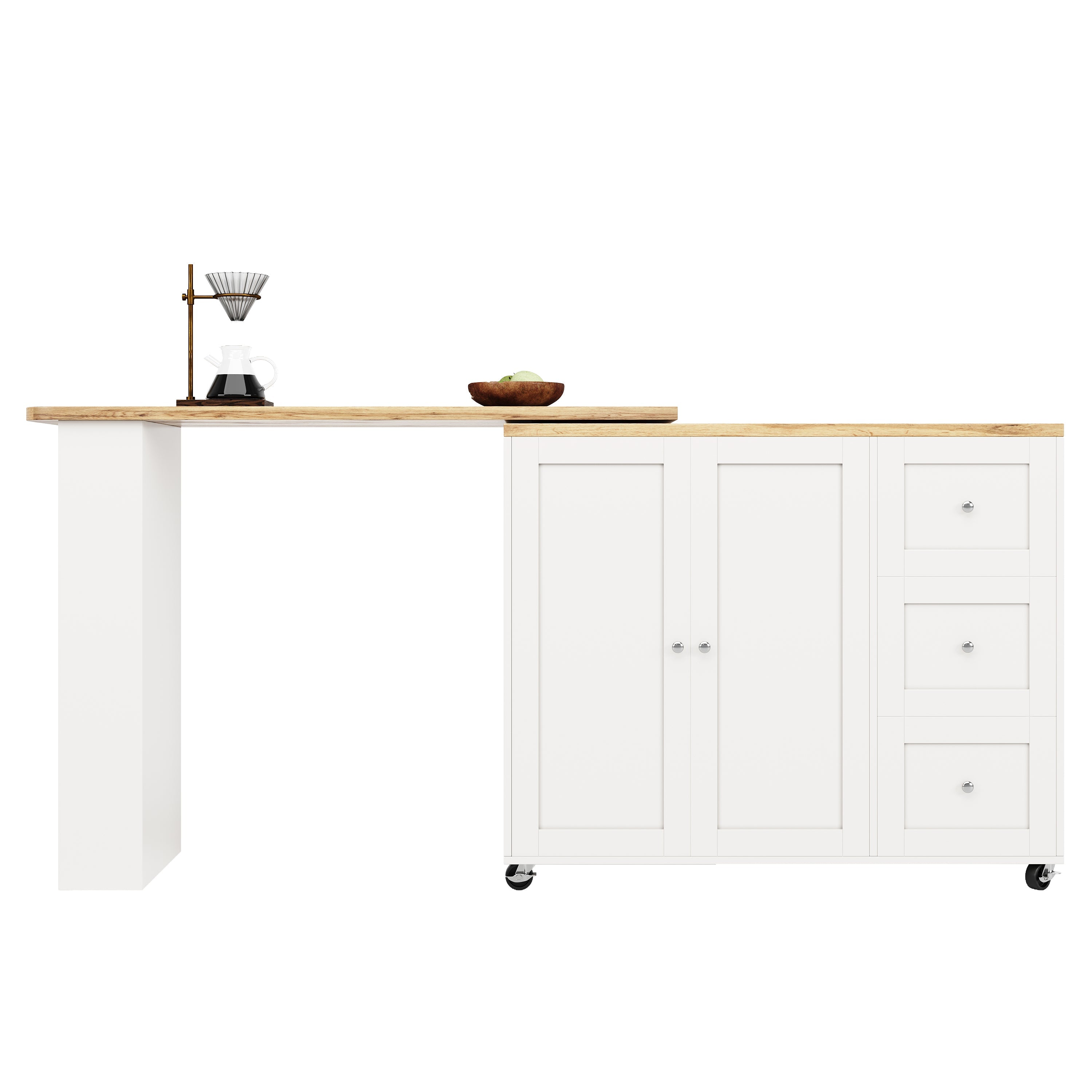 Logidon Swivel Dining Table White with Wheels Three Drawers 138-209 cm