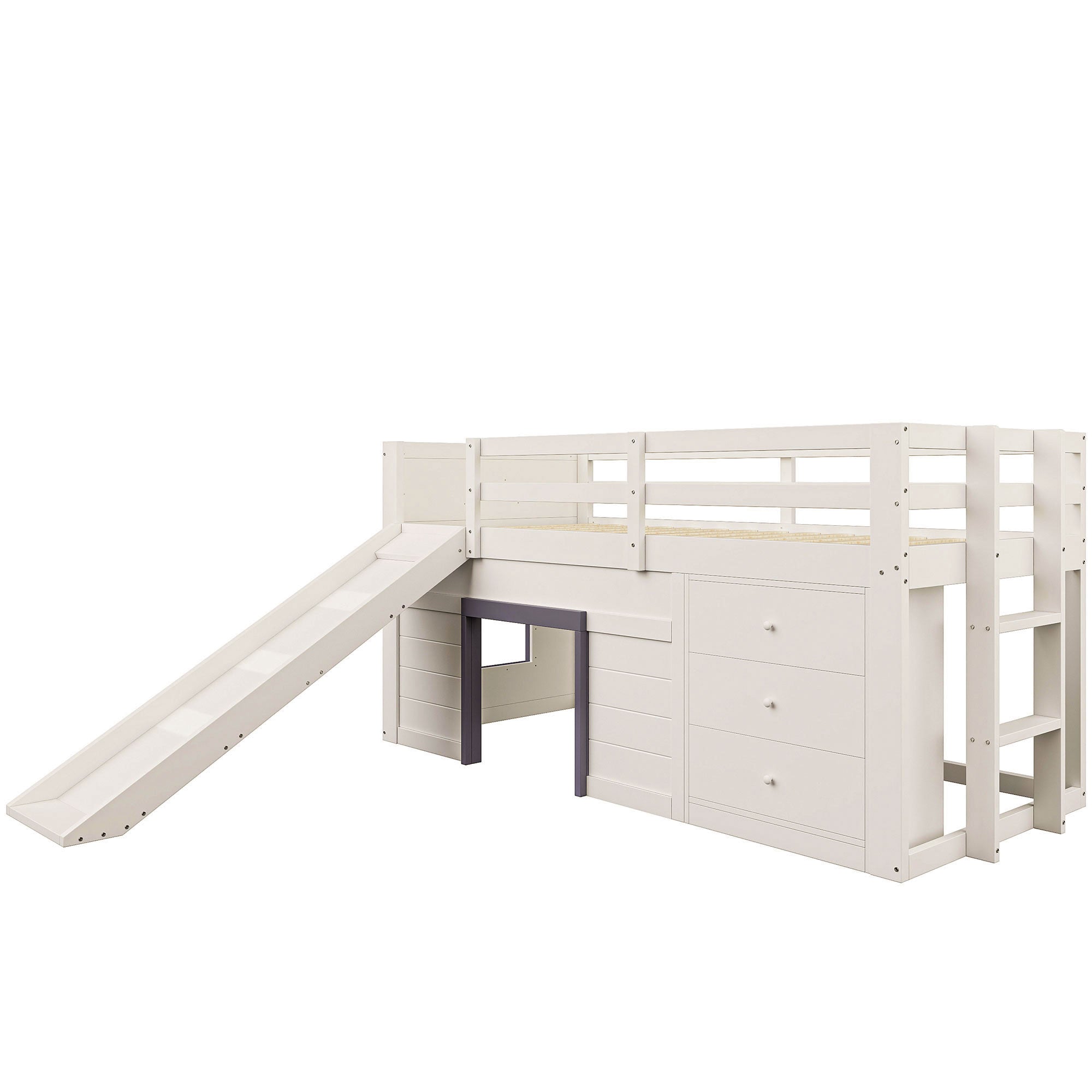 Logidon crème hoogslaper 90x200 met glijbaan, 3 lades, 2 deuren