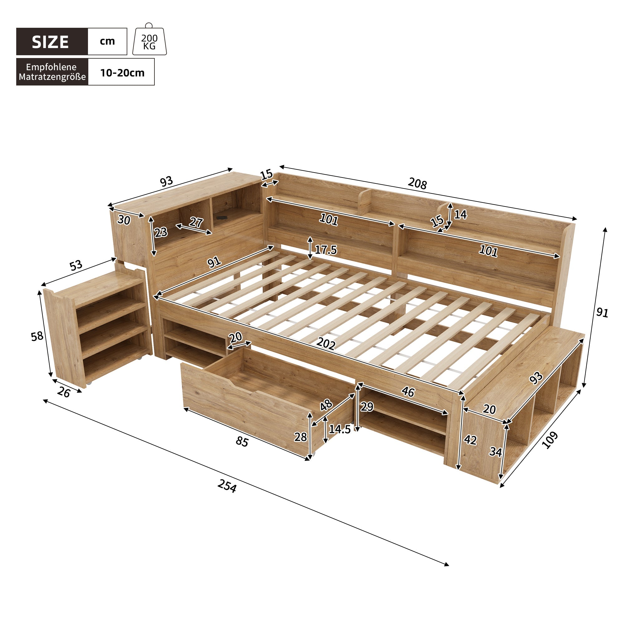Logidon kinderbed 90x200 cm naturel hout met opbergruimte en opladen