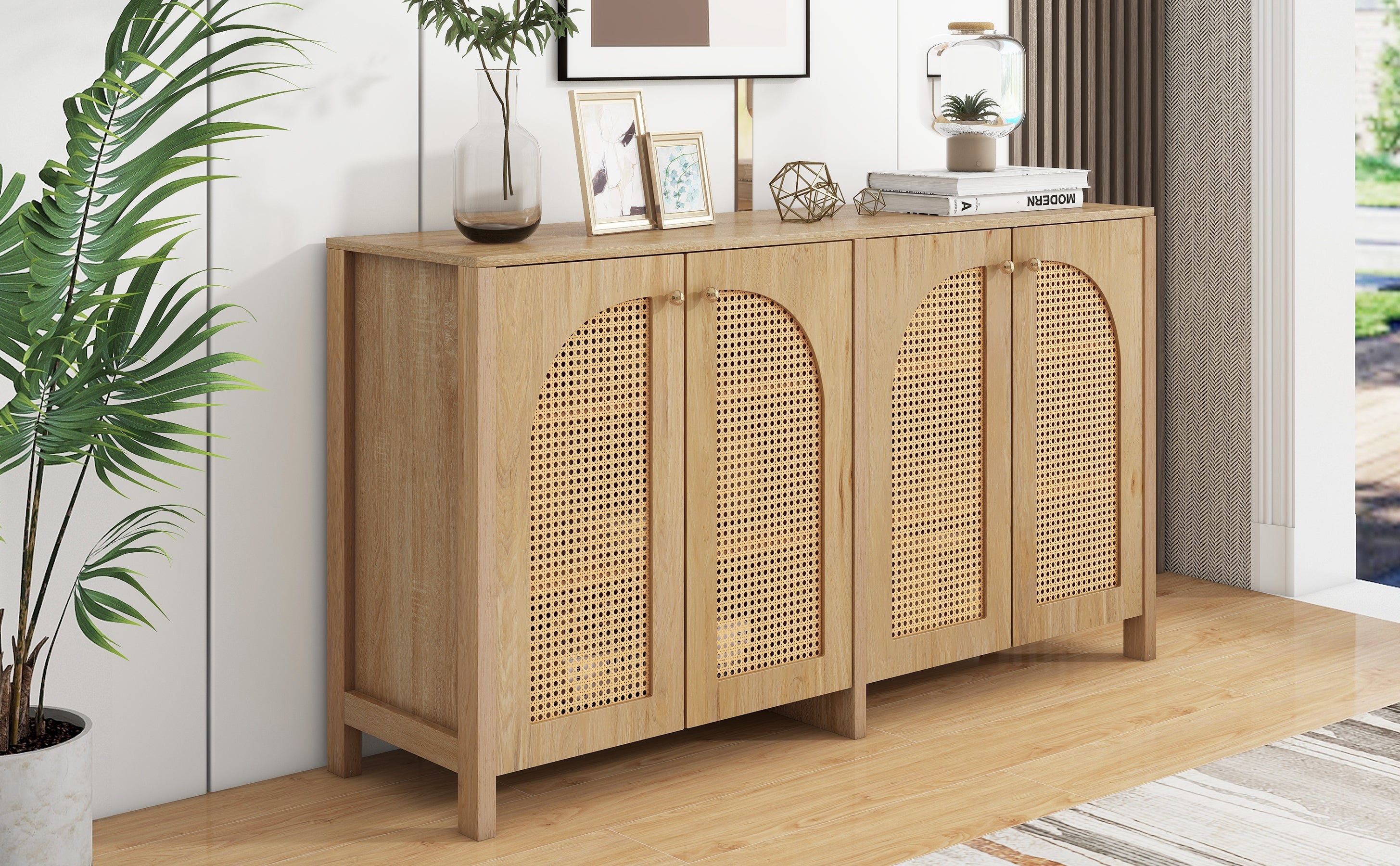 Logidon Dressoir 145x40x80 cm met vier rotan deuren natuurlijk hout