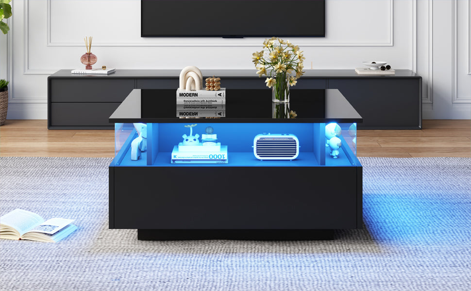 Logidon hoogglans LED salontafel 90x55x45 cm zwart 2 lades