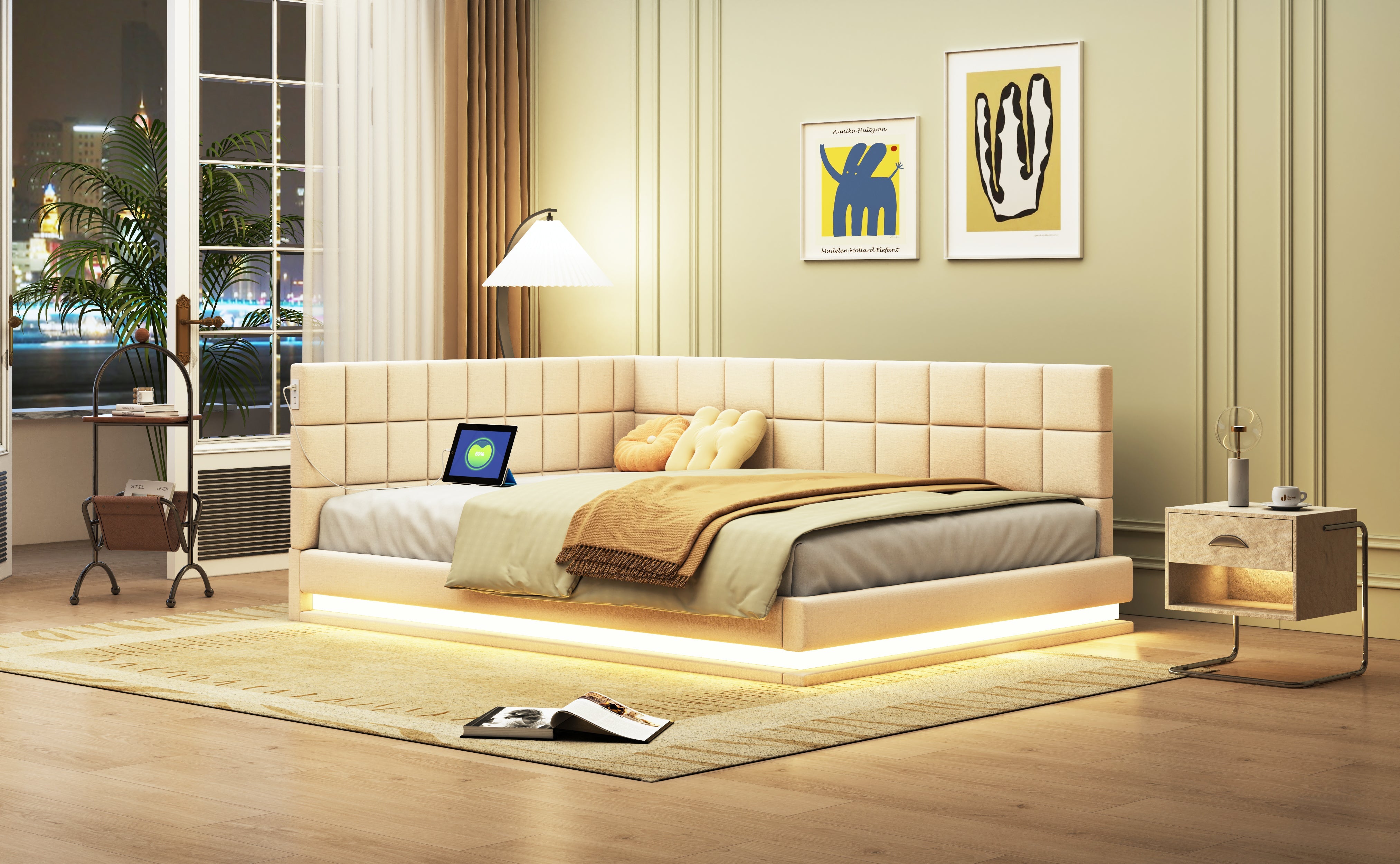 Logidon slaapbank gestoffeerd bed 140x200 beige met LED lichtstrip