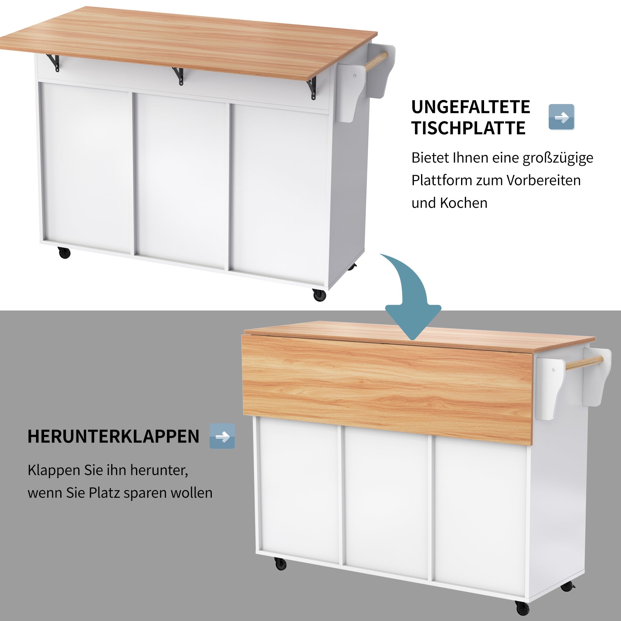 Logidon kitchen trolley solid wood worktop folding top white