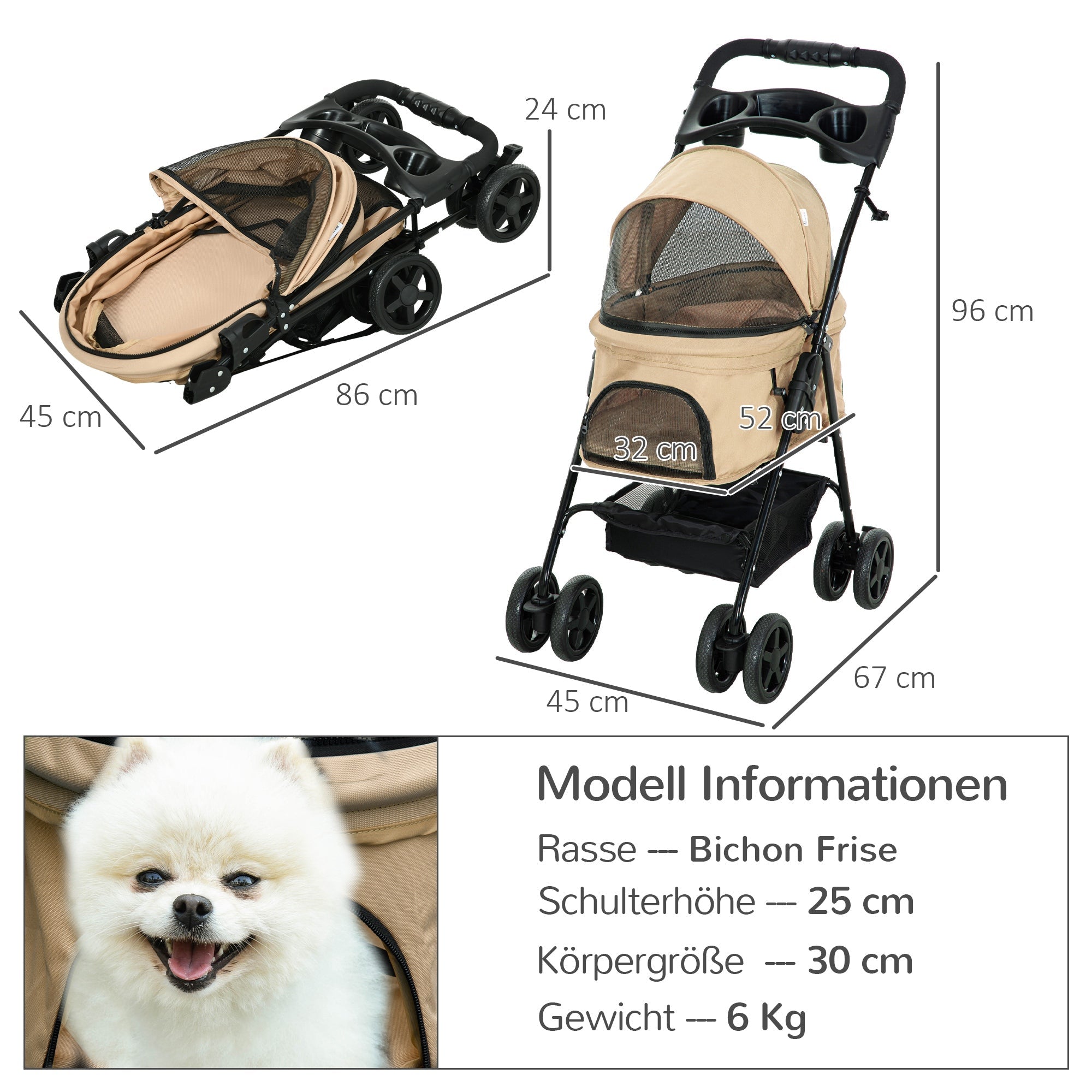 Logidon hondenbuggy kaki opklapfunctie 67x45x96 cm