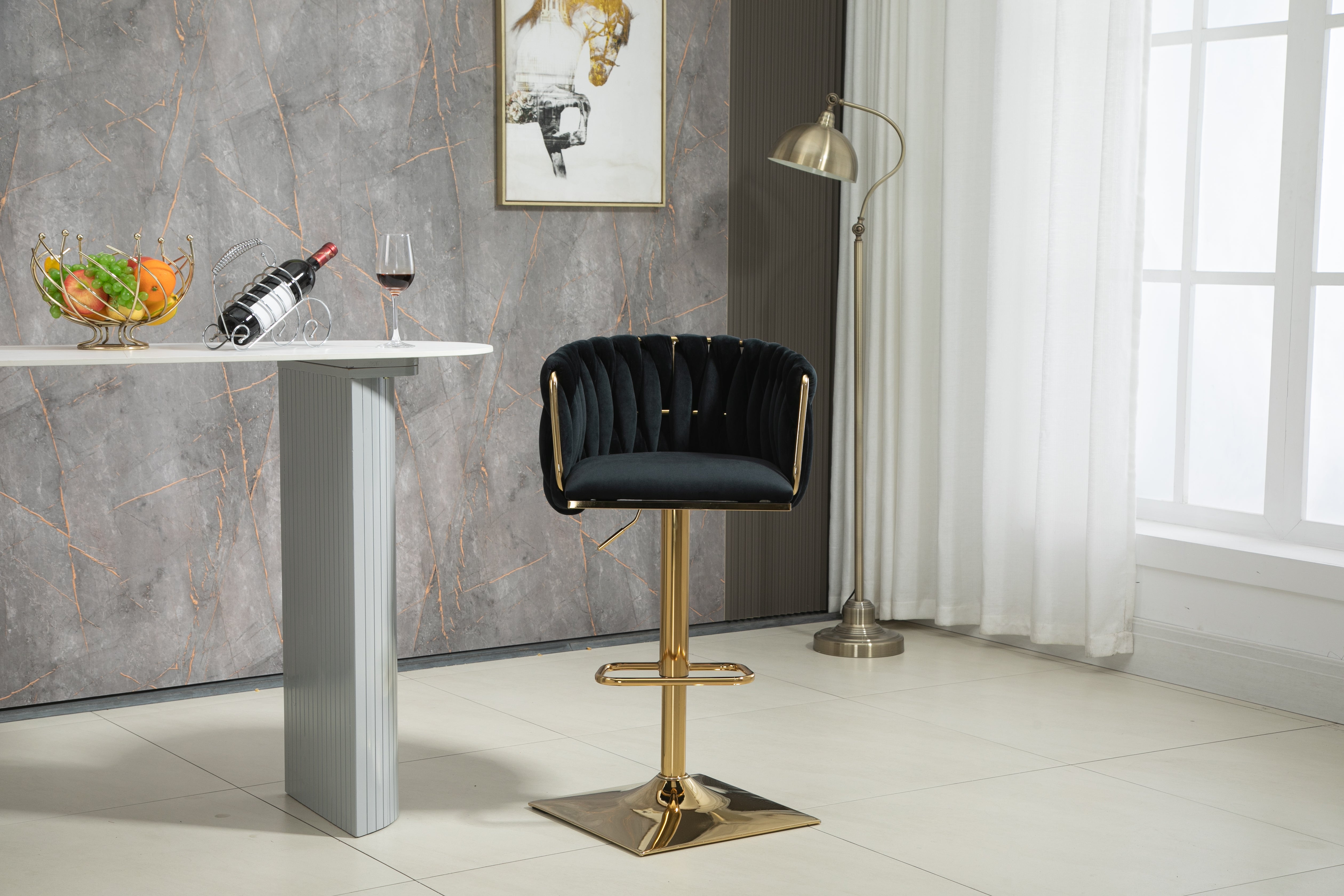 Logidon Vintage Bar Stool Velvet Black Adjustable Height Rotatable