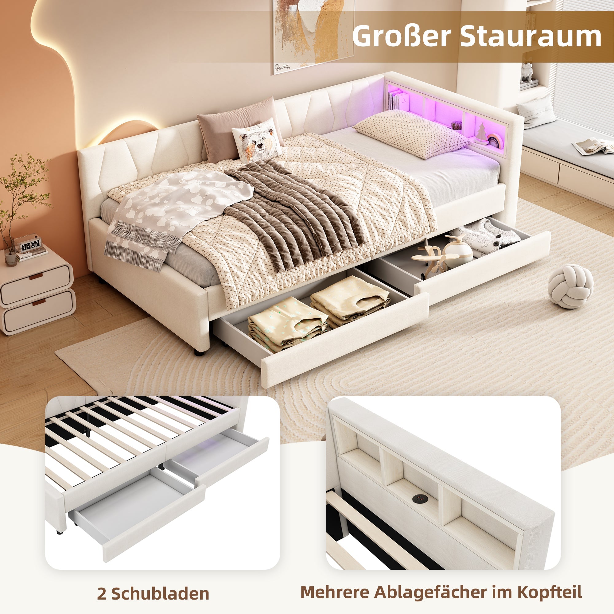 Logidon Dagbed 90x200 cm Beige Slaapbank Opbergvak met USB C LED