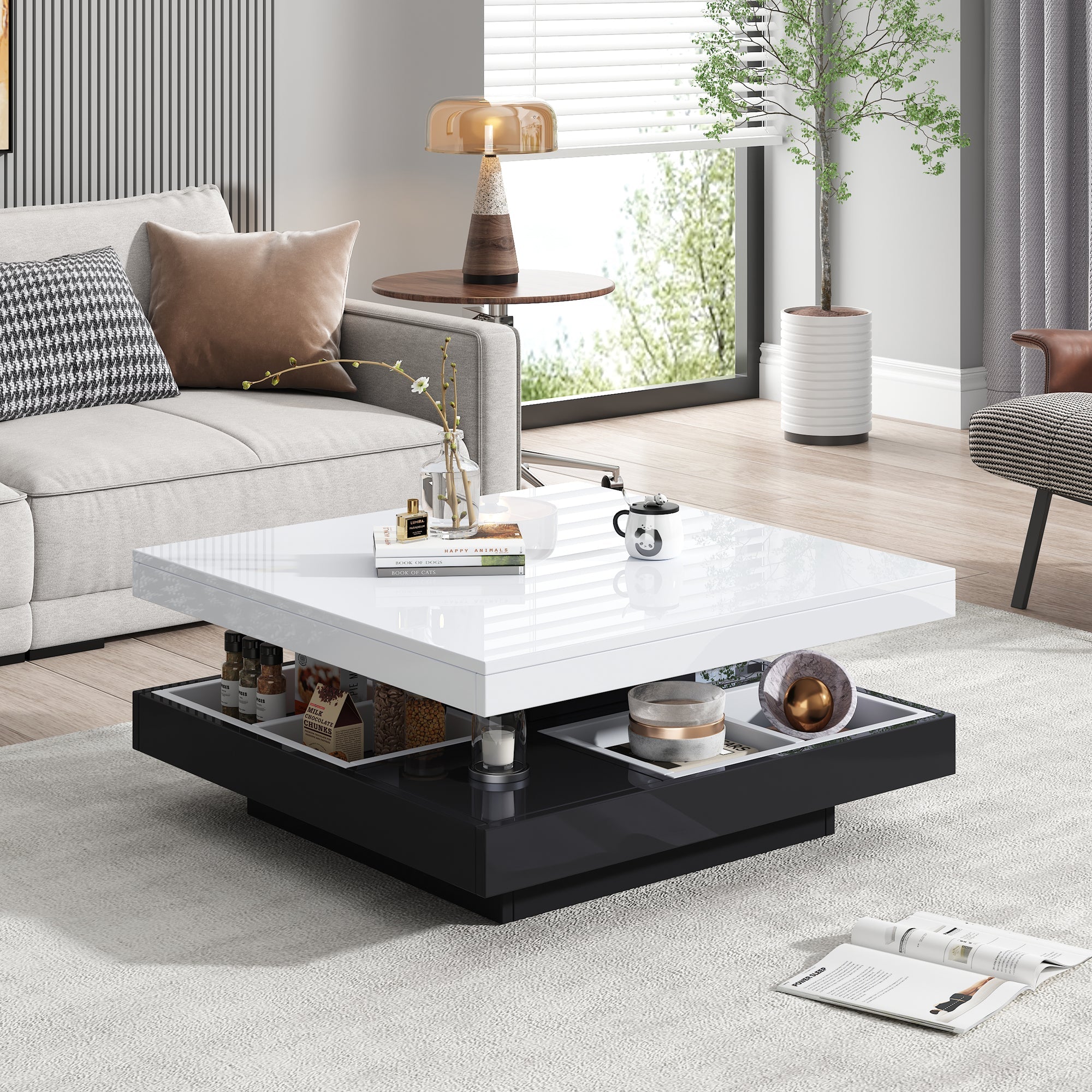Logidon Draaibare Salontafel Wit Blad Zwart Onderstel 70x70x36
