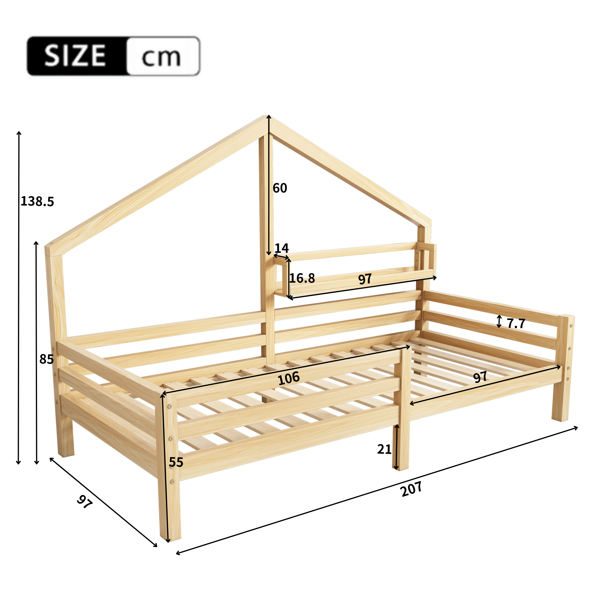Logidon huisbed kinderbed 90x200 naturel met plank plank schouwvorm
