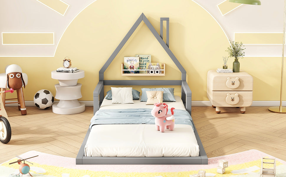 Logidon children's bed 90x200 cm flat bed house shape gray solid wood