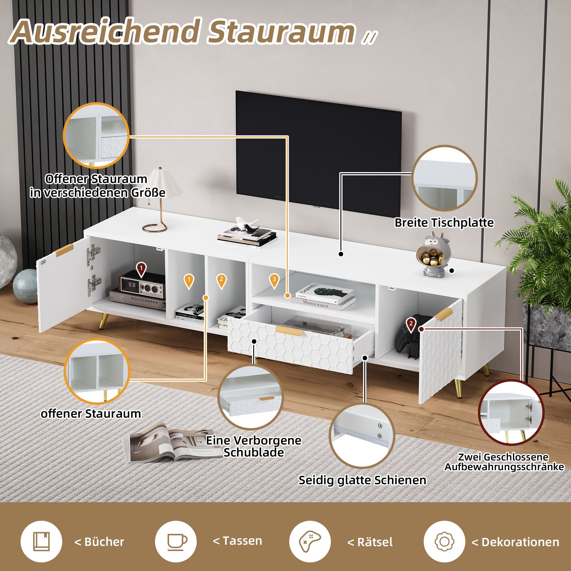 Logidon White TV Stand with Honeycomb Pattern and Storage Space for up to 80 Inches