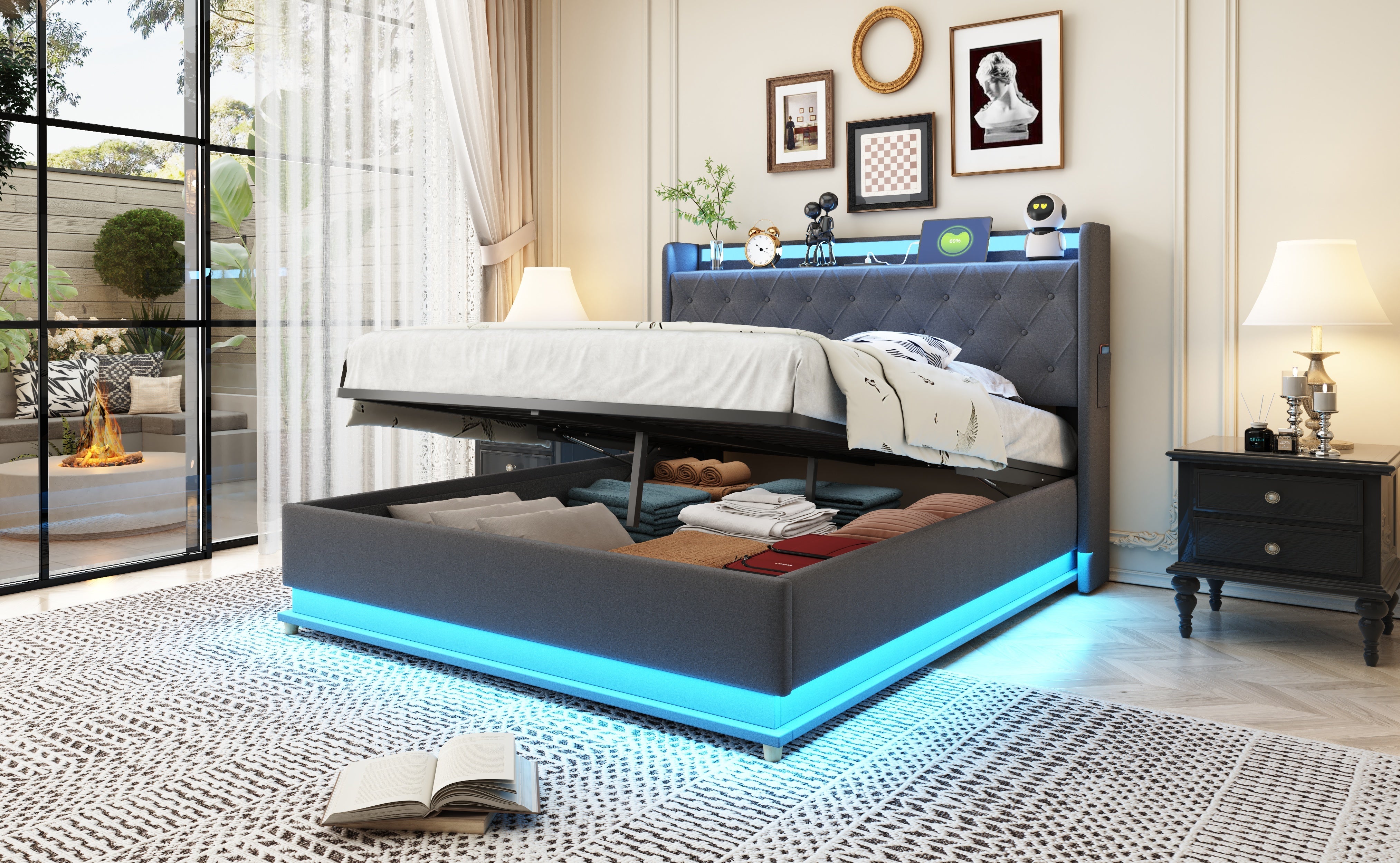 Logidon LED gestoffeerd bed 140x200 grijs met USB-oplaadpoort opbergruimte