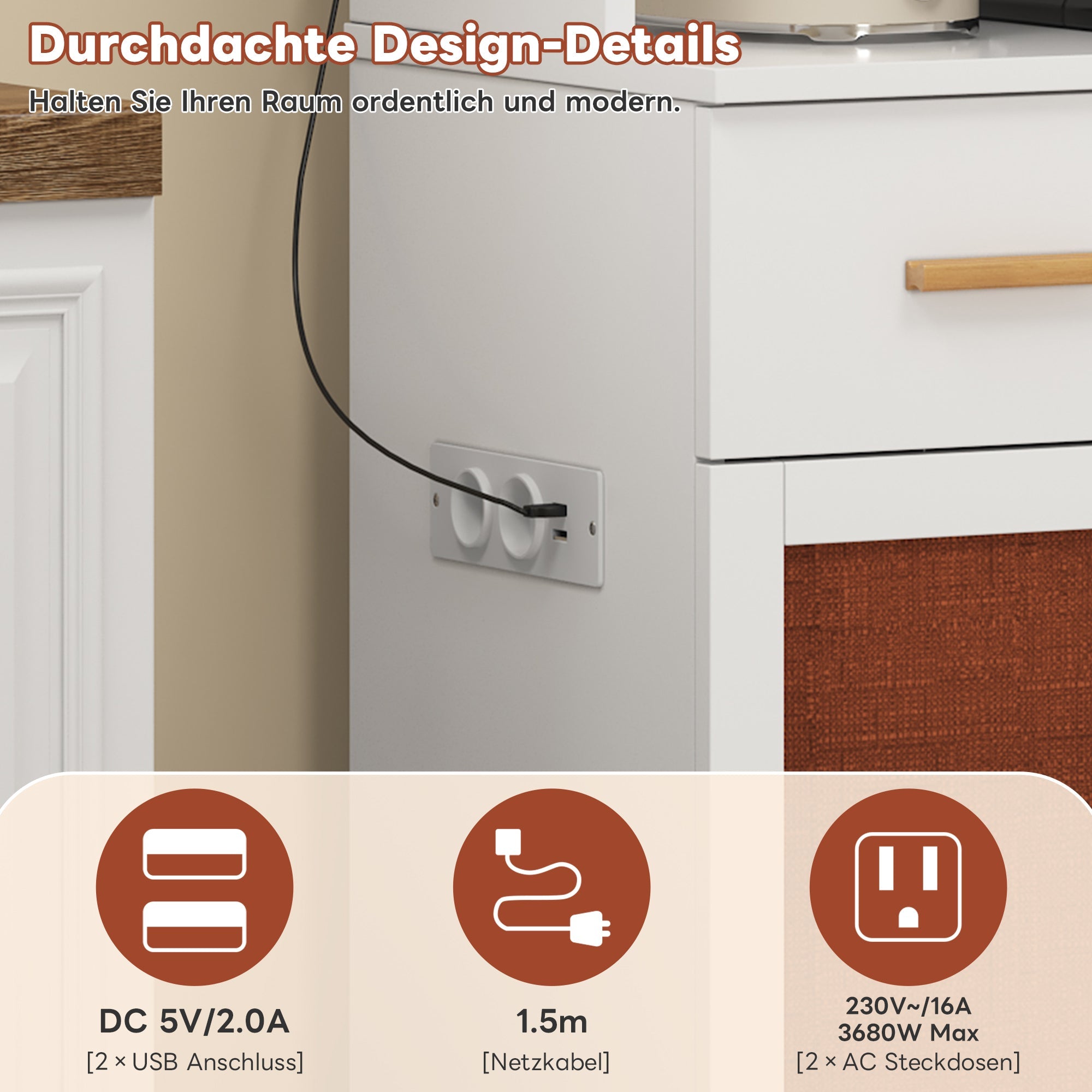Logidon keukenbuffetkast 182 cm wit LED-verlichting stopcontact
