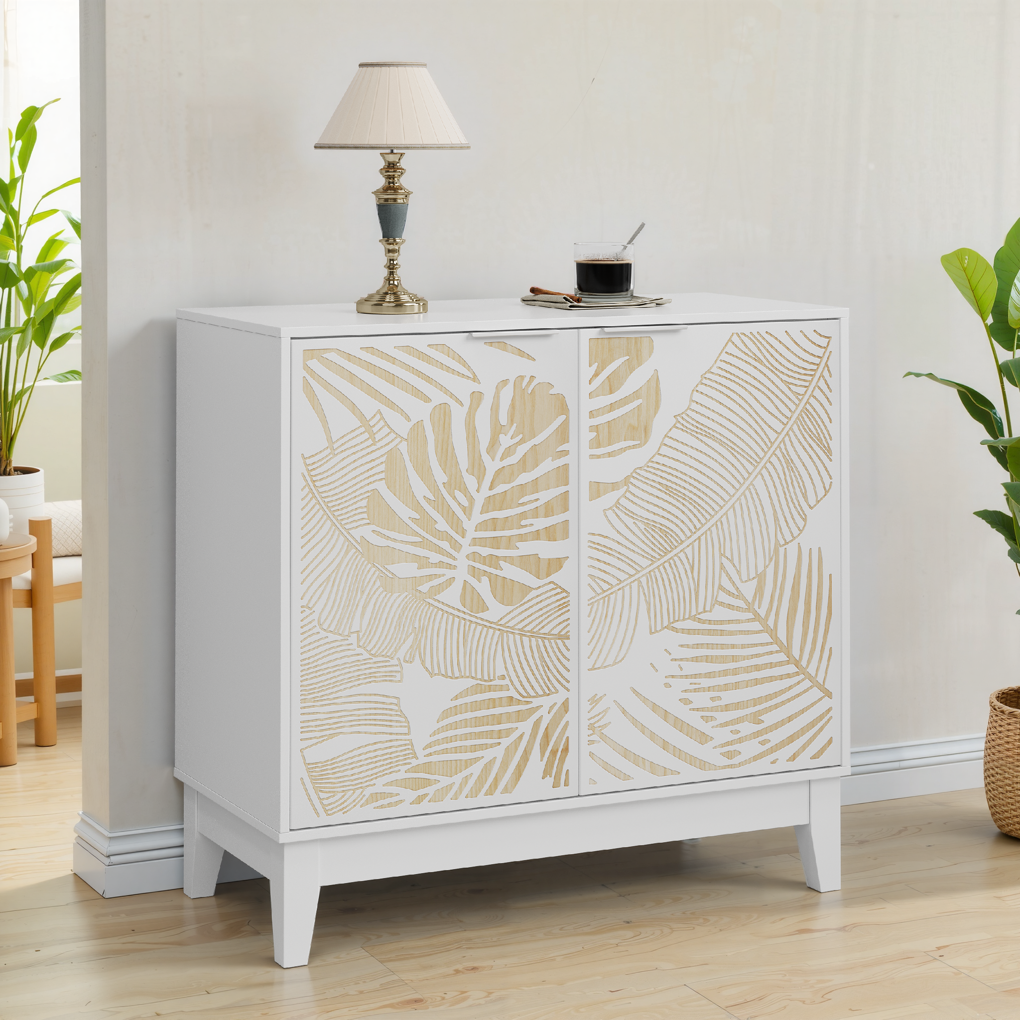 Logidon 80 cm vintage buffetkast wit met houtsnijwerk 2 deuren