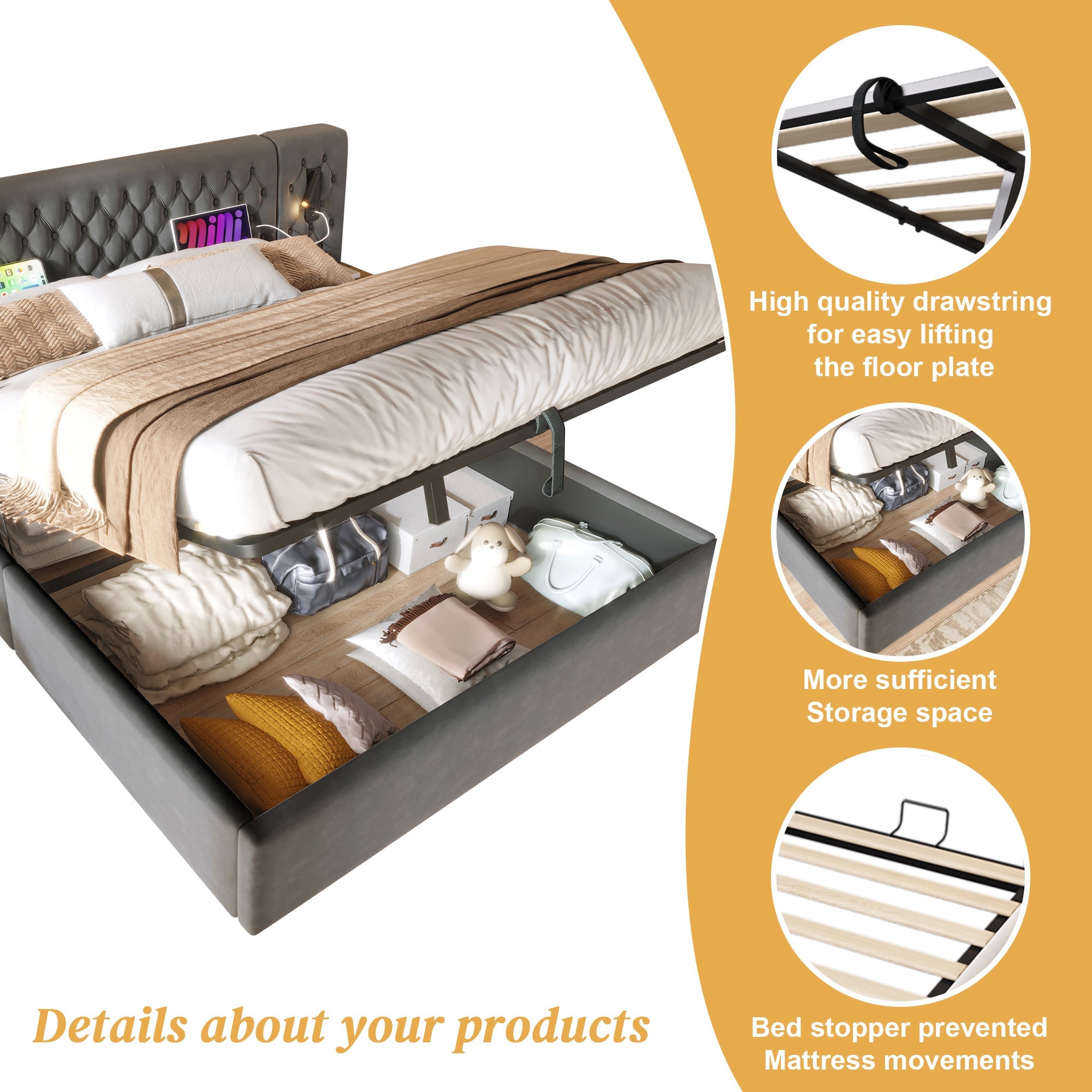Logidon bed system hydraulic storage bed 160x200 cm gray velvet