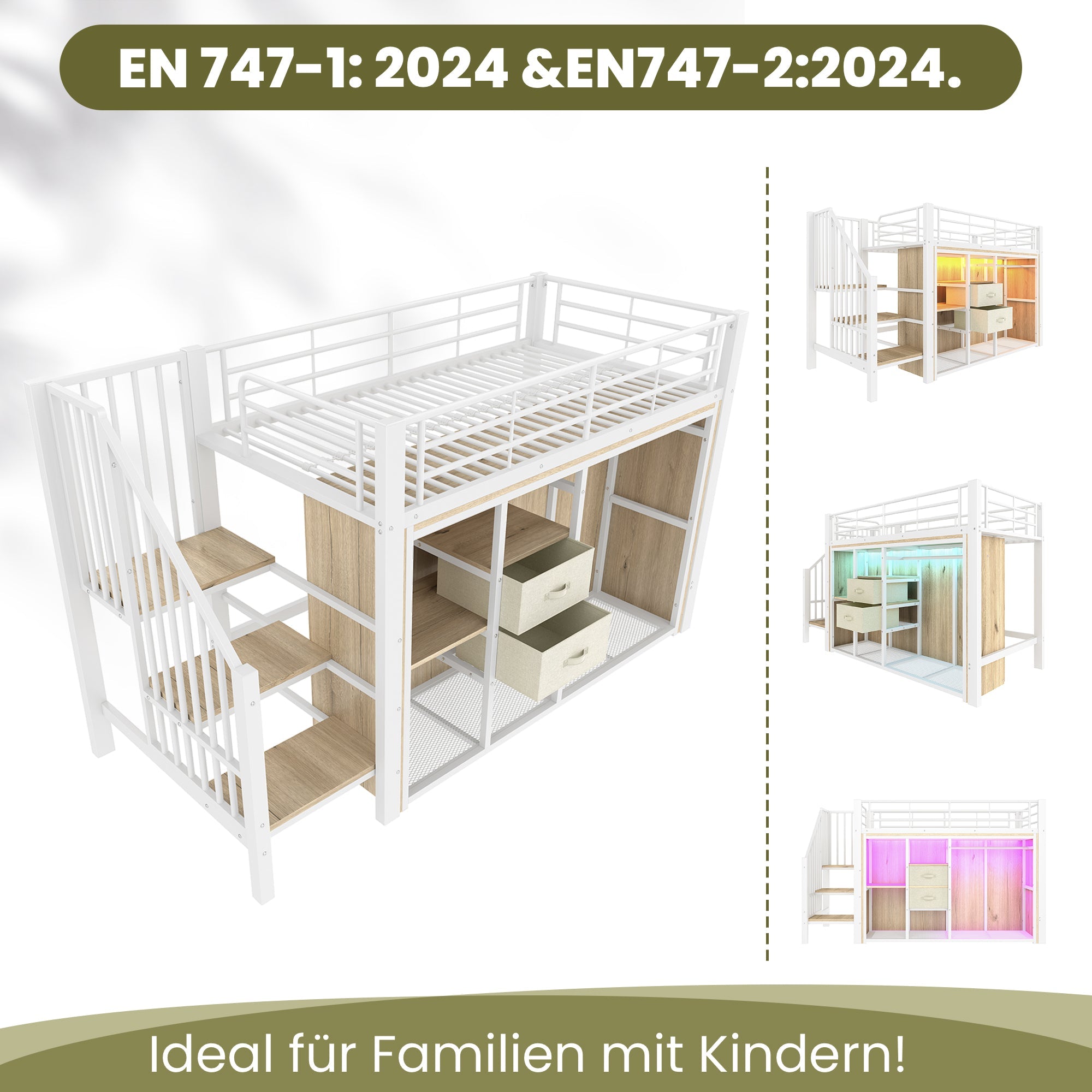 Logidon hoogslaper 90x200 cm met LED, 2 lades, kledingkast, wit