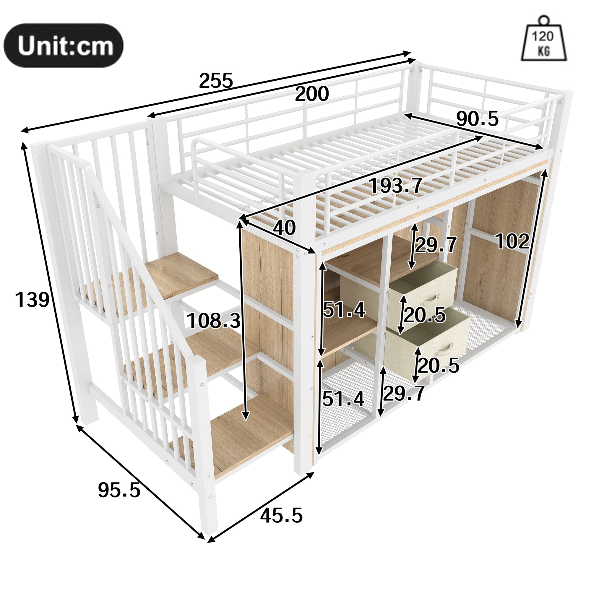 Logidon hoogslaper 90x200 cm met LED, 2 lades, kledingkast, wit