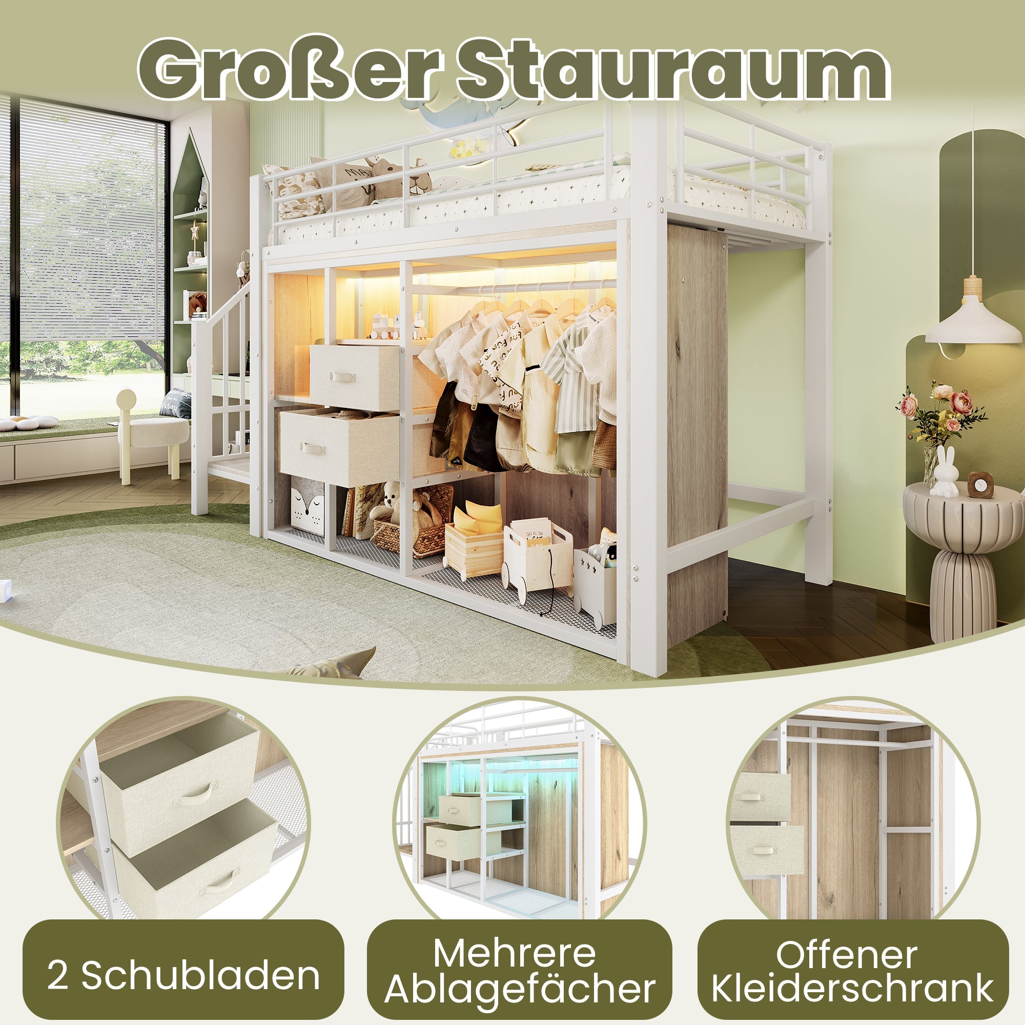 Logidon hoogslaper 90x200 cm met LED, 2 lades, kledingkast, wit