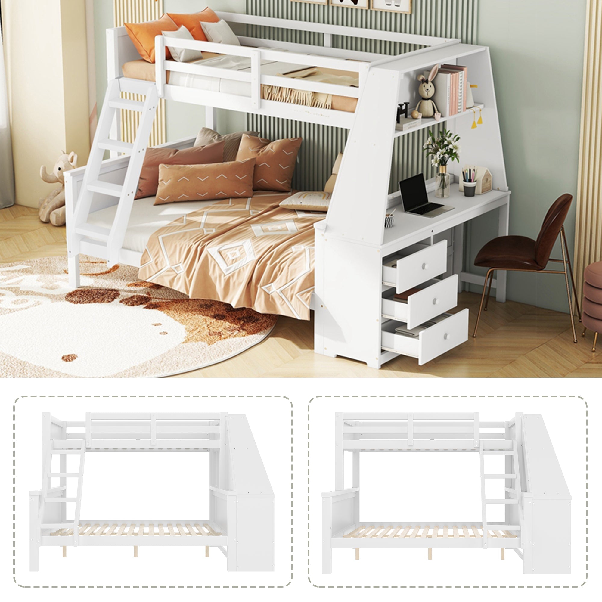 Logidon Bunk Bed 90x200 and 140x200 with Table and Storage Space White