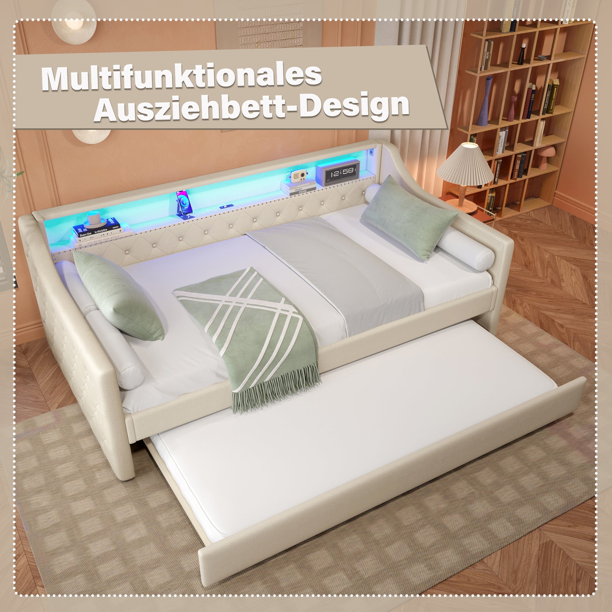 Logidon Daybed 90x200 beige linnen slaapbank LED USB lattenbodem