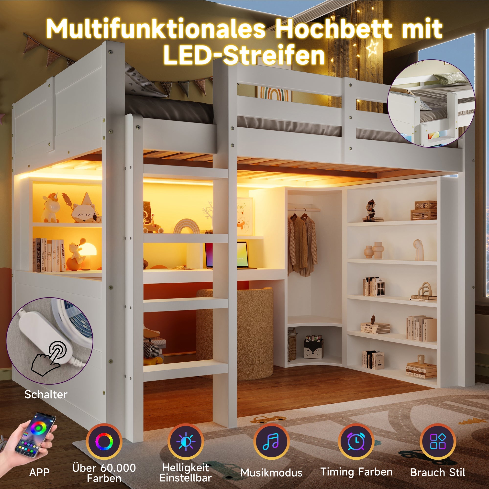 Logidon hoogslaper, 140x200cm, met LED verlichting, kledingkast, bureau, lades, opbergvakken, zonder matras, wit