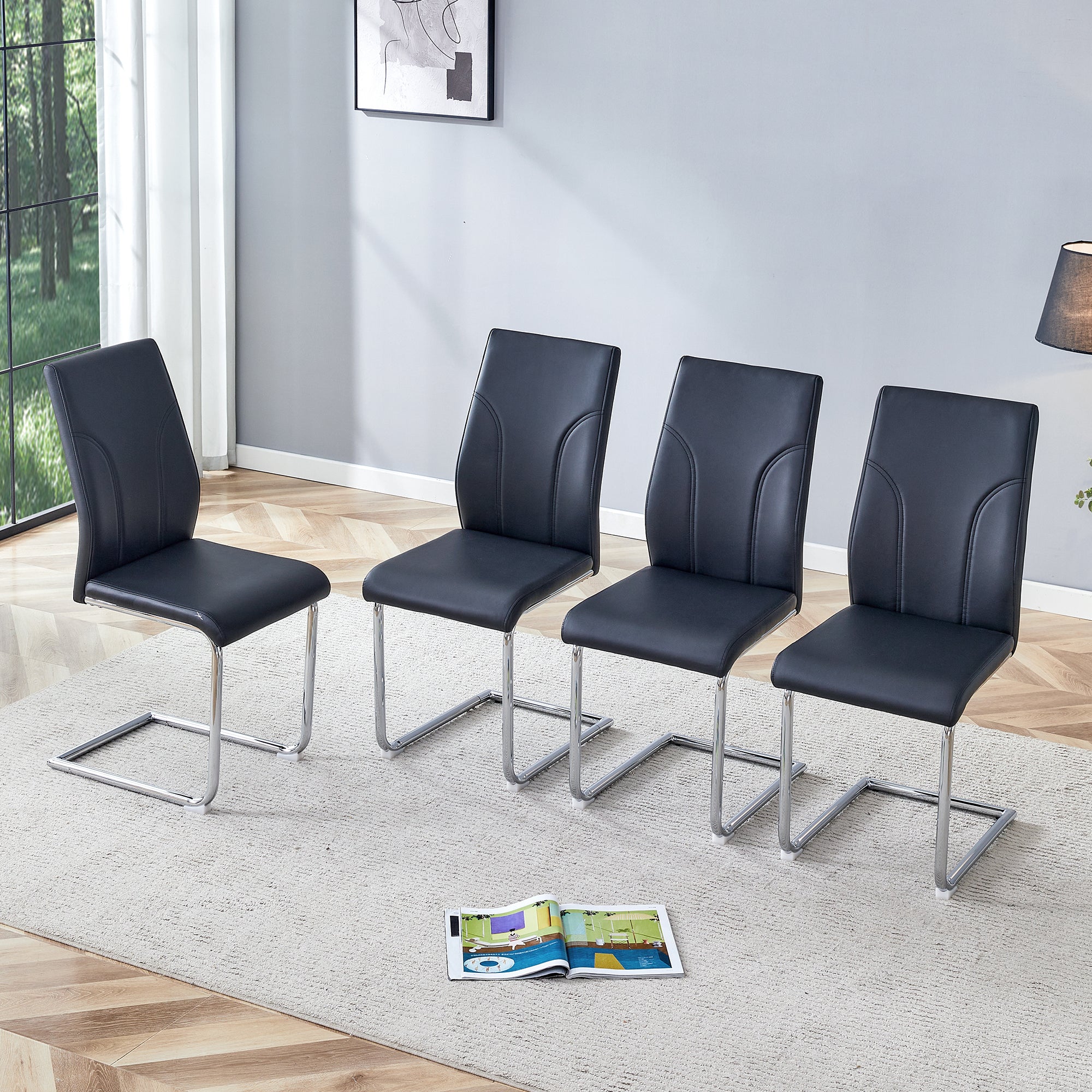 Logidon eetkamerstoelen zwart PU kunstleer set van 2 met zilverkleurig frame